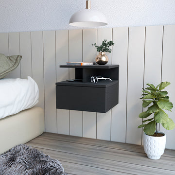 Floating Nightstand Flopini, One Drawer, Black Wengue Finish Black Particle Board