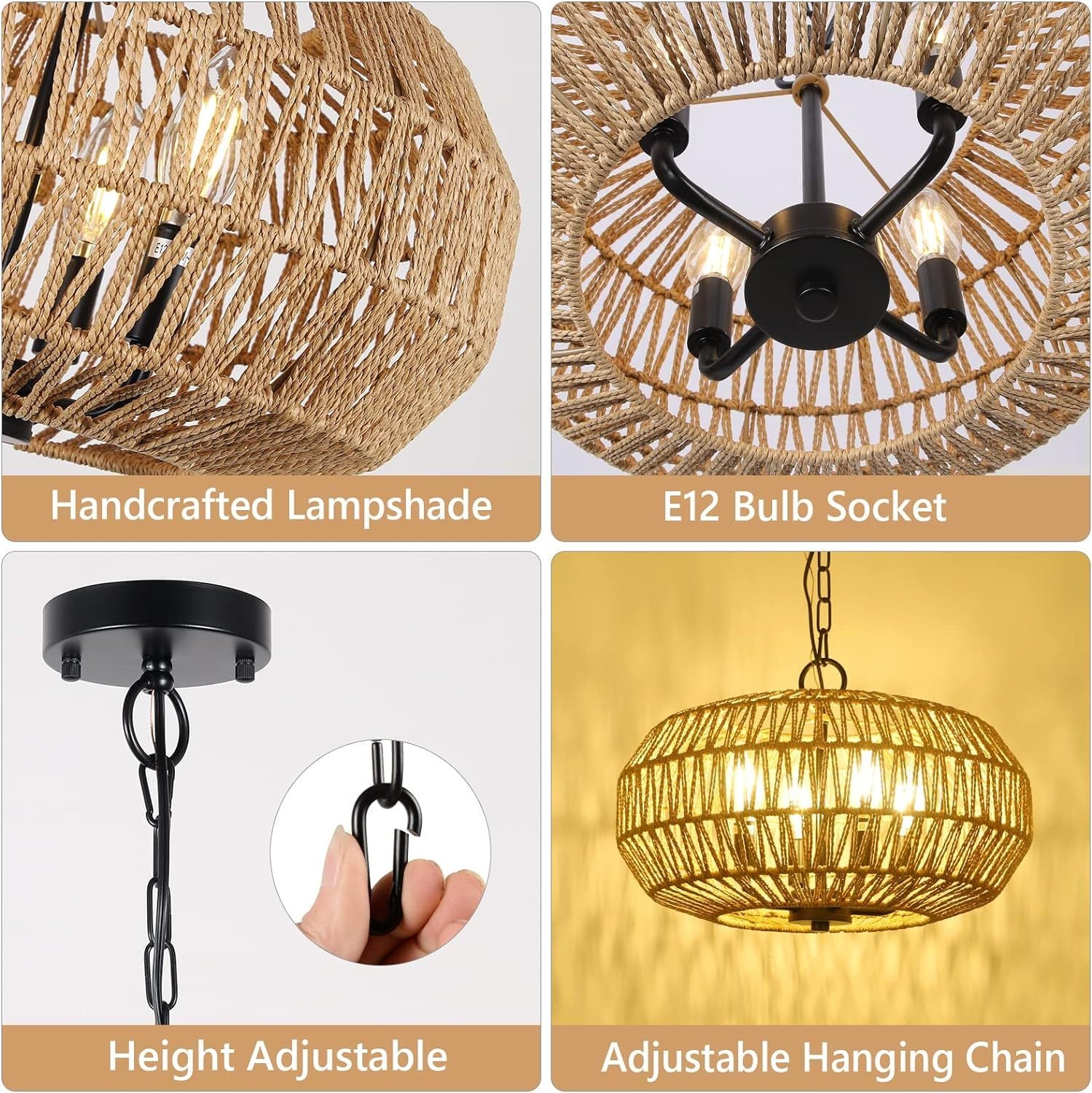 Farmhouse Rattan Pendant Lights, 15.7" 4 Light Boho Chandelier Light Fixture, Wicker Hand Woven Basket Pendant Hanging For Dining Room Living Room Kitchen Island Bedroom Foyer, Height Adjustable Brown Rattan Metal