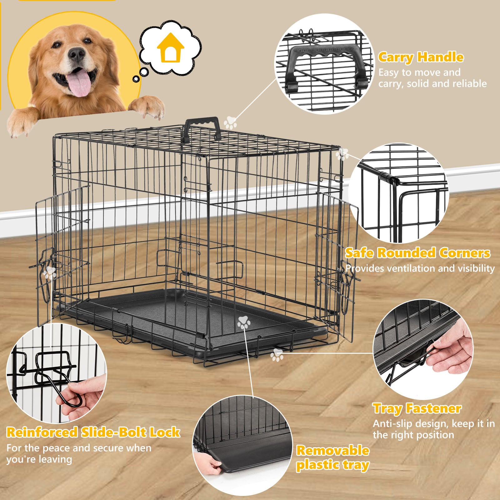 Dog Crate With Divider Panel,36 Inch Double Door Folding Metal Wire Dog Cage With Plastic Leak Proof Pan Tray, Pet Kennel For Indoor Black Iron