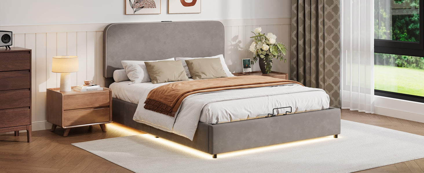 Upholstered Platform Full Size Hydraulic Storage Bed, Lift Up Storage Bed With Rgb Led Light, Bluetooth Speaker, No Box Spring Needed, Lychee Velvet, Gray Full Gray Velvet Fabric Metal