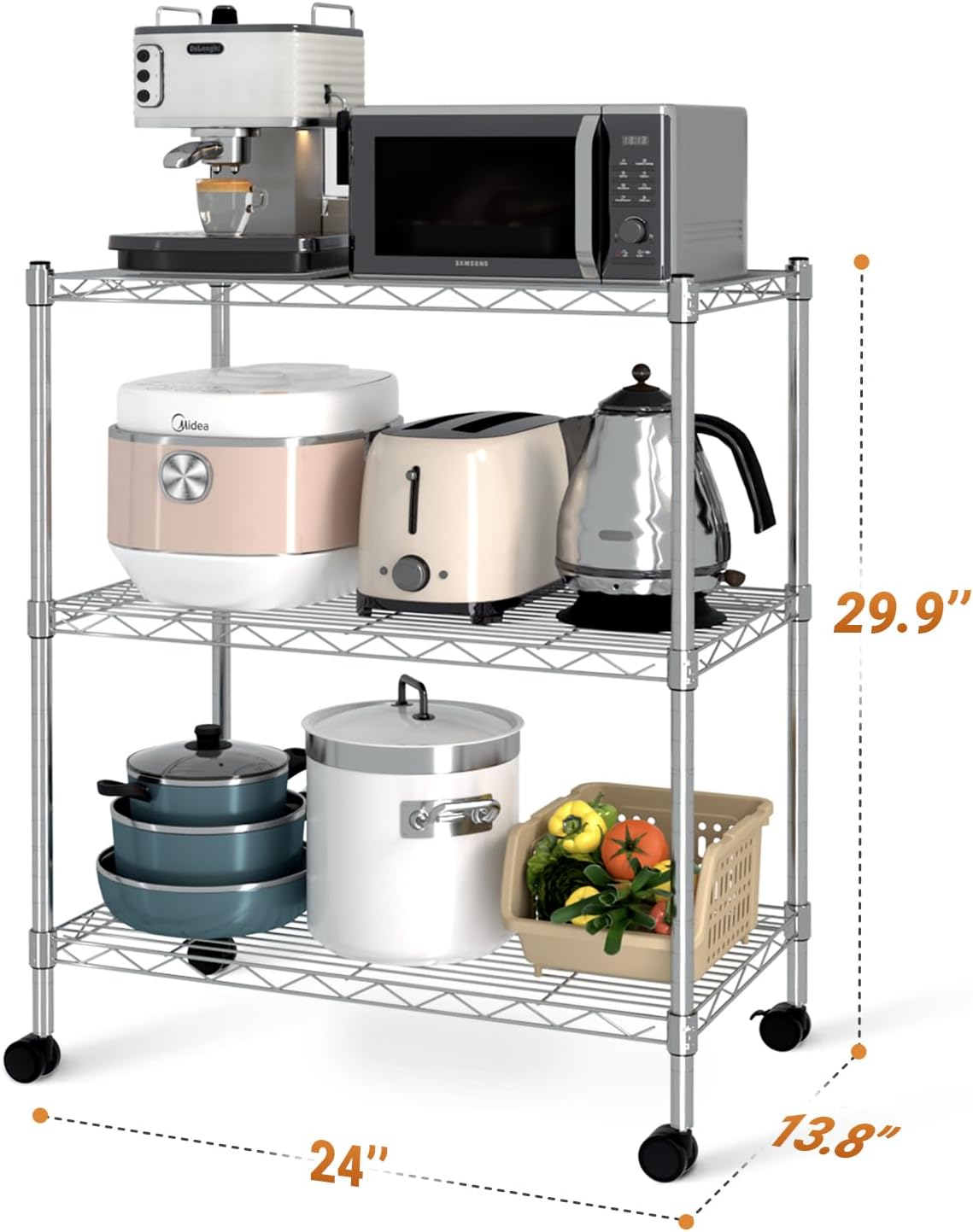 Heavy Duty 3 Tier Storage Shelves 750Lb Capacity, 24.02" D X 13.78" W X 29.92" H Adjustable Shelving Unit With Wheels, Chrome, 2 Pack Silver Steel