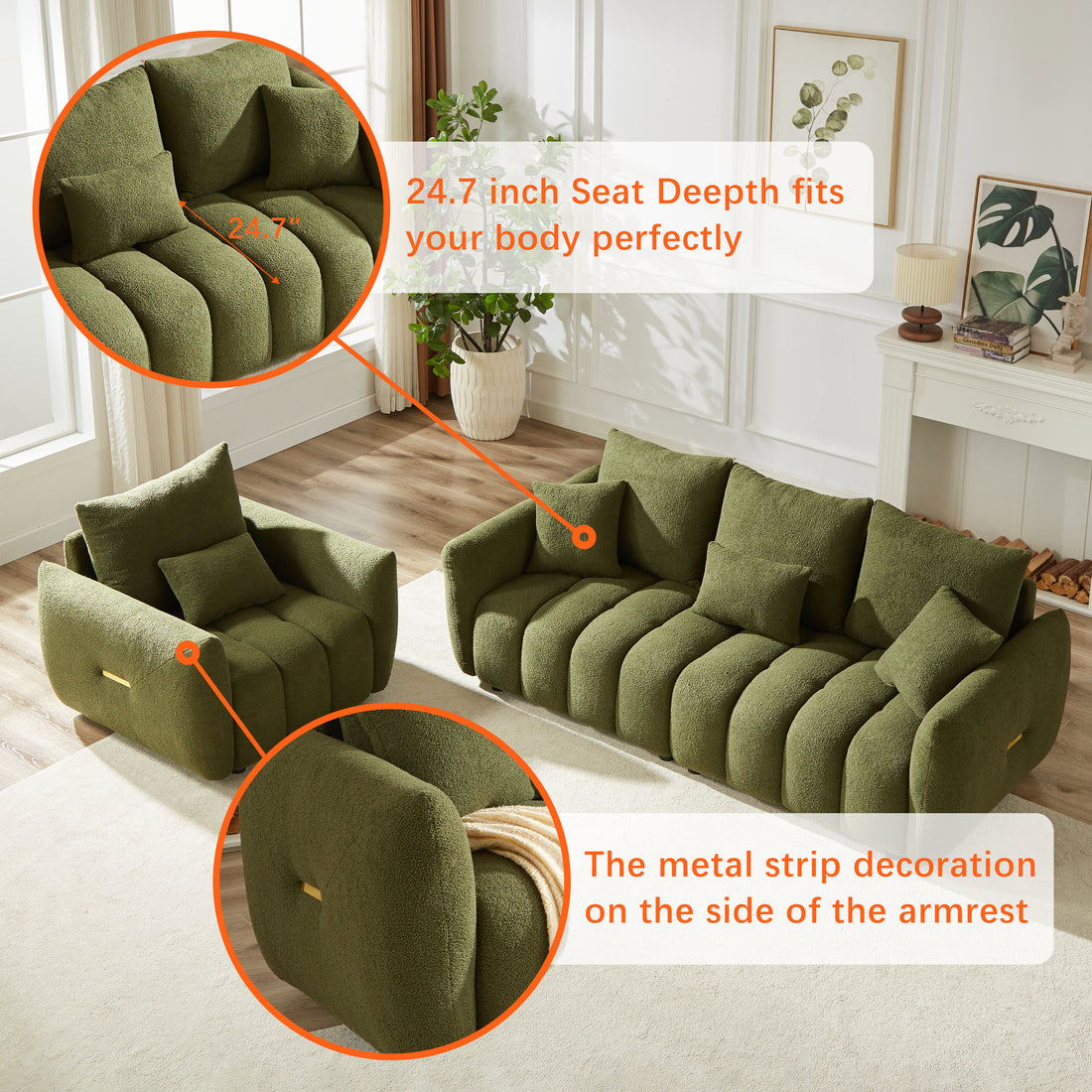 3 Seater 1 Seater Combo Sofa Modern Living Room Sofa, Teddy Sofa, Wooden Frame, 4 Cushions, Apartment Sofa Furniture Green Wood Primary Living Space Pine Foam Fabric 4 Seat