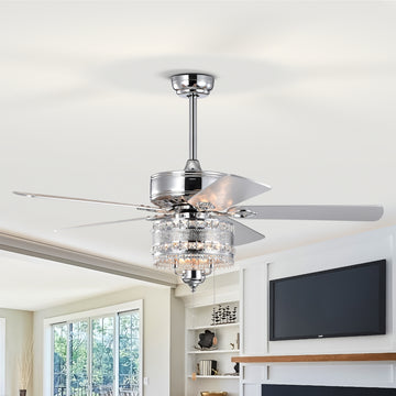 52'' Classical Crystal Ceiling Fan Lamp 5 Reversible Blades For Living Room, Dining Room, Bedroom, Family Room, Chrome Hand Pull Chain Chrome American Traditional,Antique,Classic,Contemporary Crystal Metal