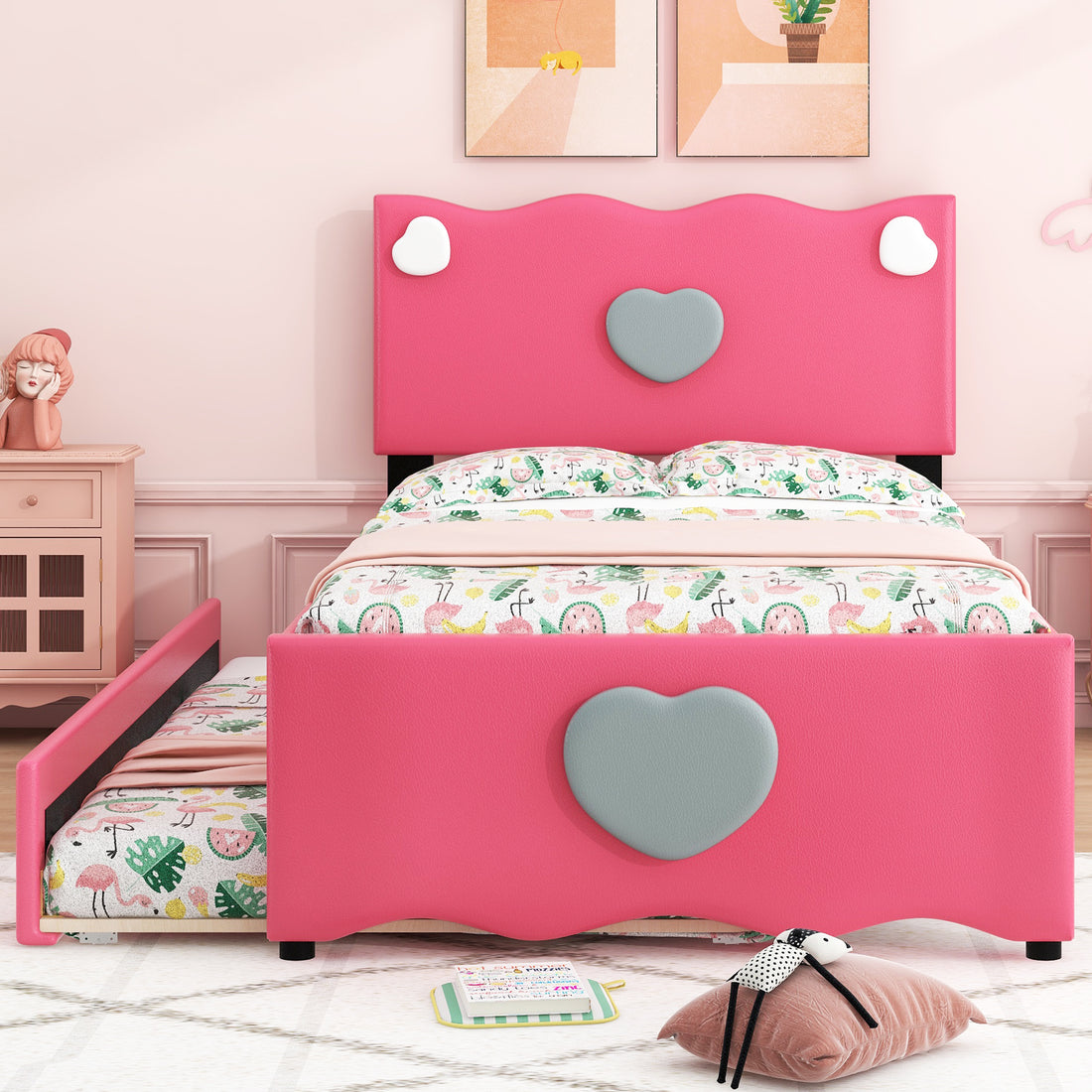 Twin Size Upholstered Platform Bed With Trundle And Heart Shaped Decoration, Dark Pink Box Spring Not Required Twin Dark Pink Wood Bedroom Bed Frame Faux Leather Upholstered