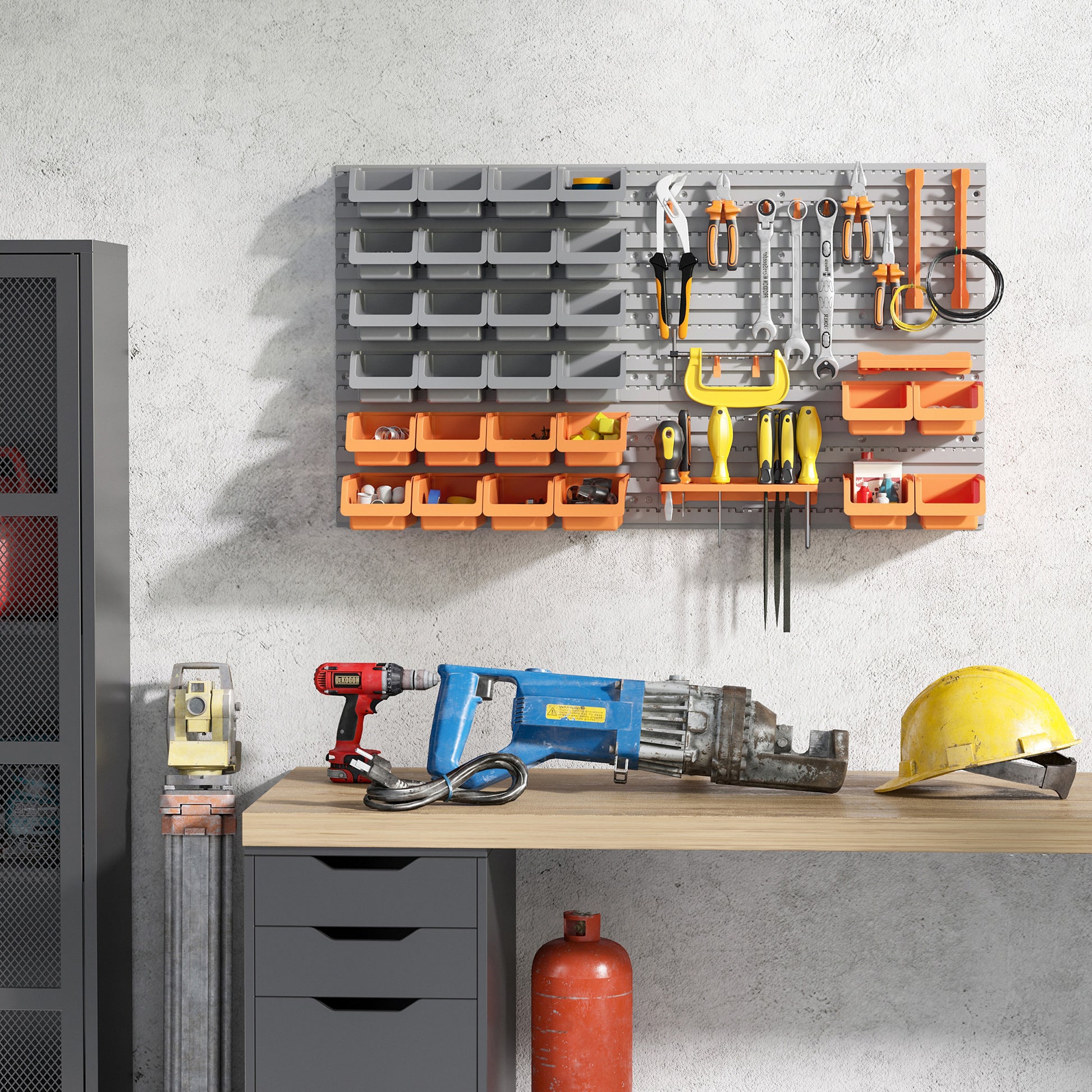 Durhand 44 Piece Wall Mounted Pegboard Tool Organizer Rack Kit With Various Sized Storage Bins, Pegboard, & Hooks, Orange Orange Plastic