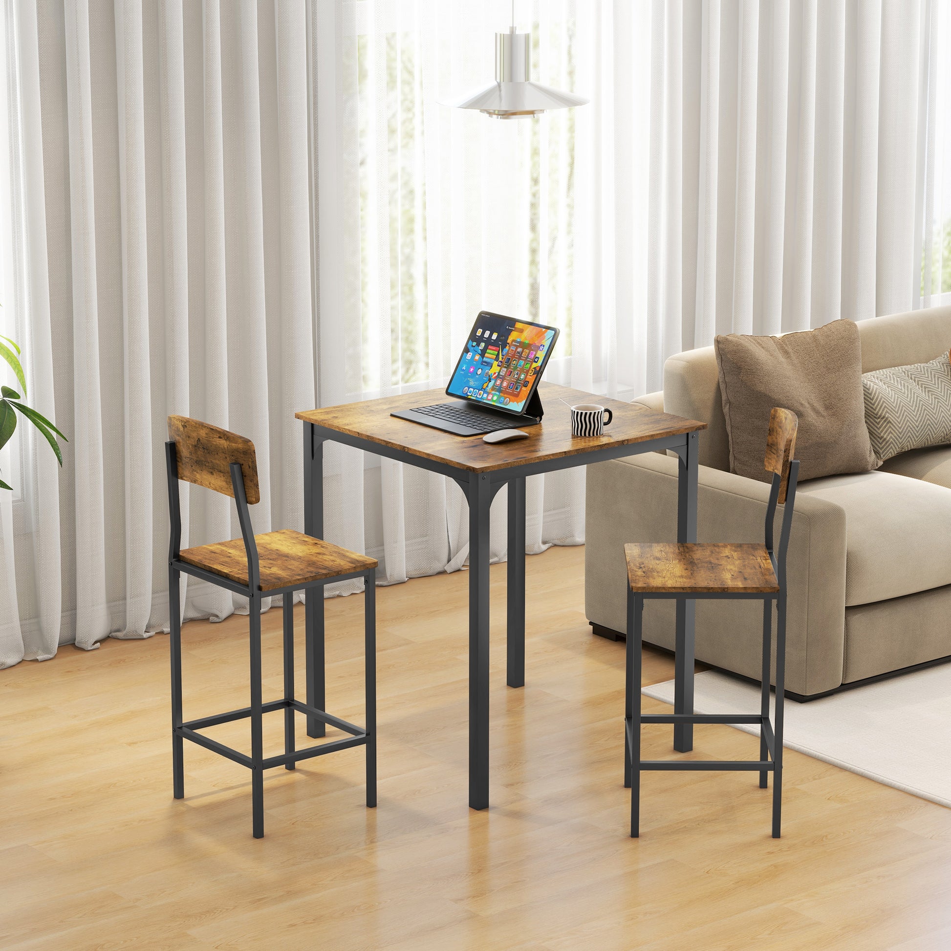 Homcom 3 Piece Counter Height Bar Table And Chairs Set, Industrial Small Dining Table Set For 2, Square Kitchen Table And Stools With Steel Frame, Rustic Brown And Black Brown Black Steel