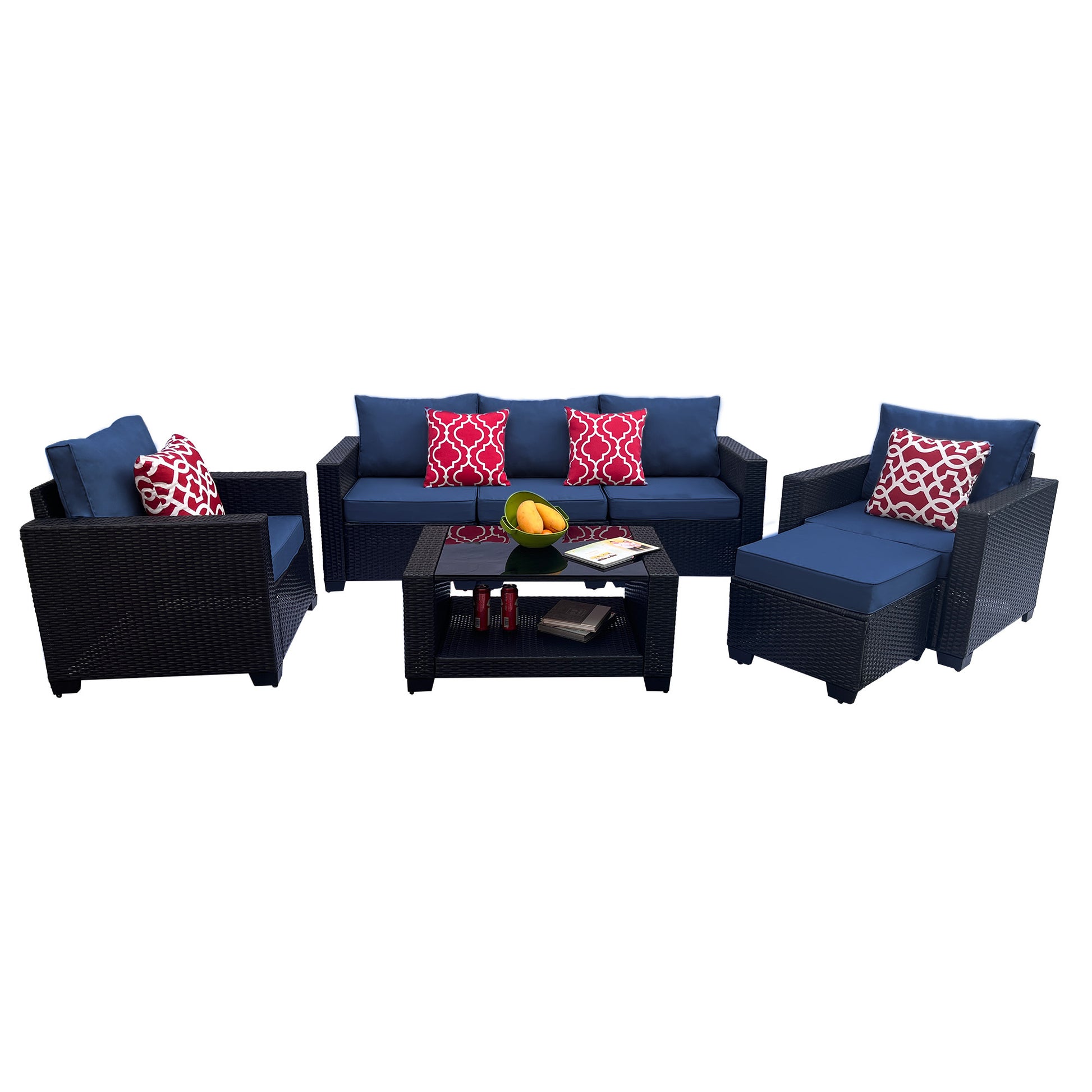 Outdoor Garden Patio Furniture 7 Piece Pe Rattan Wicker Cushioned Sofa Sets And Coffee Table, Patio Furniture Set Outdoor Couch Outdoor Couch Patio Furniture Outdoor Sofa Patio Couch Yes Complete Patio Set Dark Coffee Blue Seats 6 Weather Resistant Frame