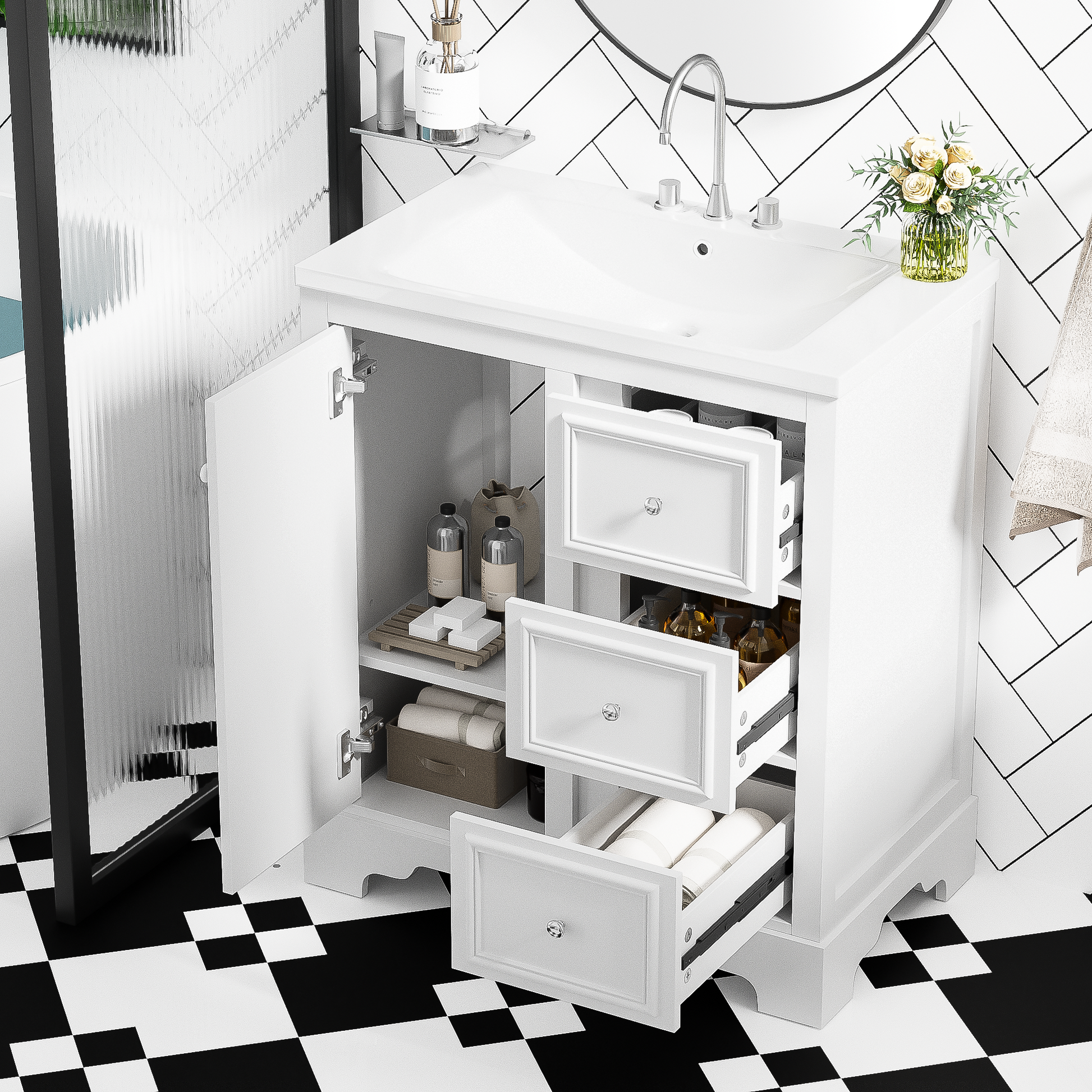 30 Inch Bathroom Vanity Cabinet With Ceramic Basin, 3 Drawers And Adjustable Shelves White Bathroom Solid Wood Mdf