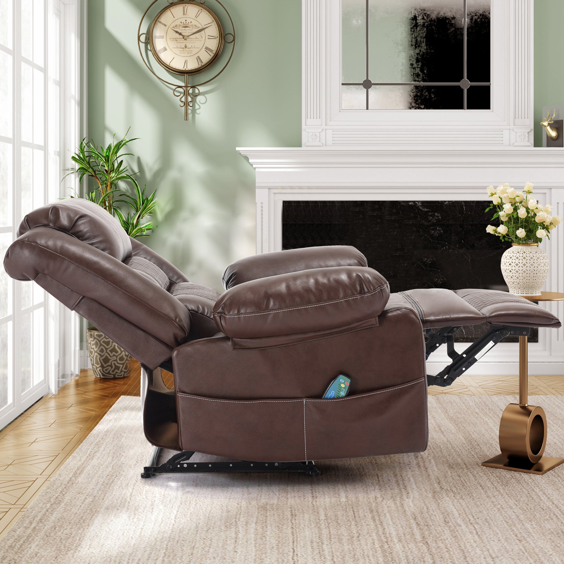 Leather Massage Recliner Chair Manual Living Room Reclining Sofa Brown Faux Leather Manual Handle Metal Primary Living Space Soft Cushion Back Heavy Duty American Design,American Traditional,Antique,Classic Pillow Top Arms Foam Pu Leather