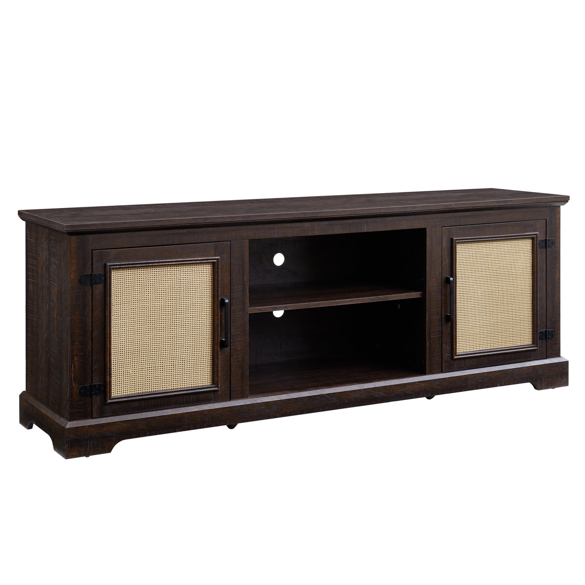 Farmhouse Rattan Tv Stand Console Table For Tvs Up To 70 Inches, Tv Console Table With 2 Storage Shelves, 2 Natural Rattan Door Cabinets, 65"W*15.55"D*23.86"H, Espresso Espresso 60 69 Inches Mdf