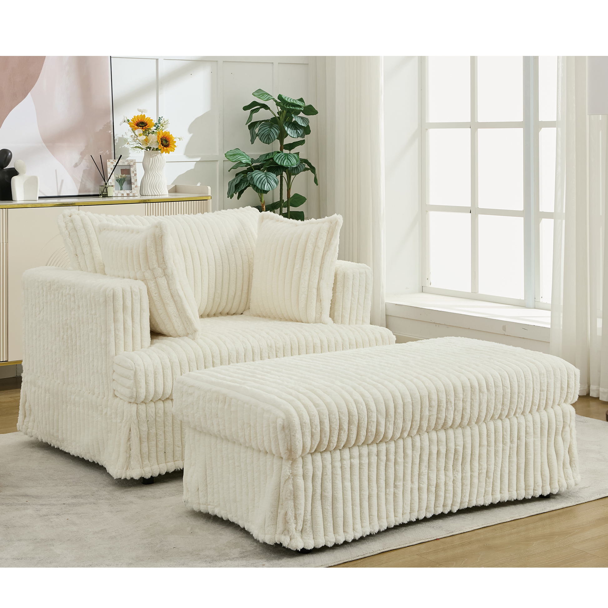 Arrived 47.7'' Oversized Corduroy Chaise Longue With Ottoman, Deep Seat Reclining Chair Sofa, Comfy Thicked Upholstered Pad Chair ,With Foot Stool ,Oversize, Movable Ottoman, Beige Beige Polyester