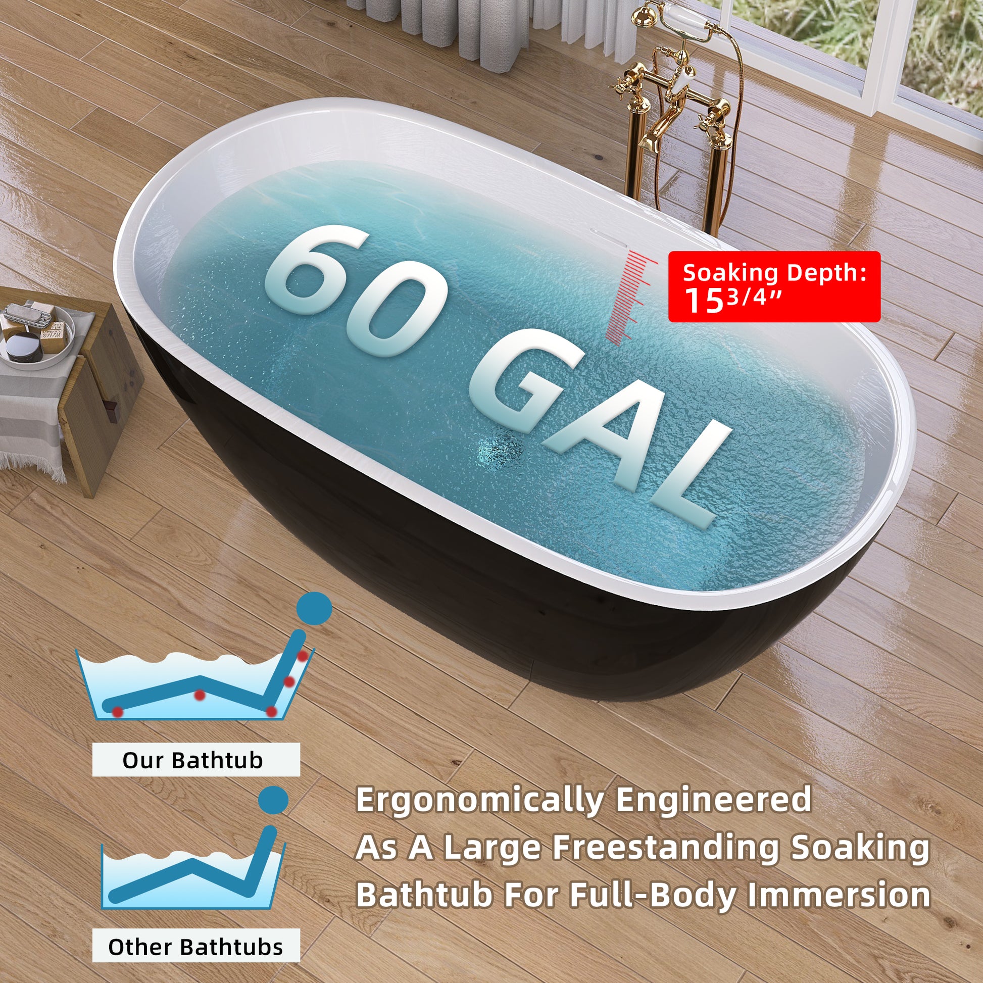 55 Inch Acrylic Freestanding Bathtub Modern Stand Alone Soaking Bathtub With Overflow And Pop Up Drain Gloss Black Black White Oval Bathroom Freestanding Tubs Polished Less Than 59 In Contemporary,Modern Soaking Center Fiberglass Acrylic