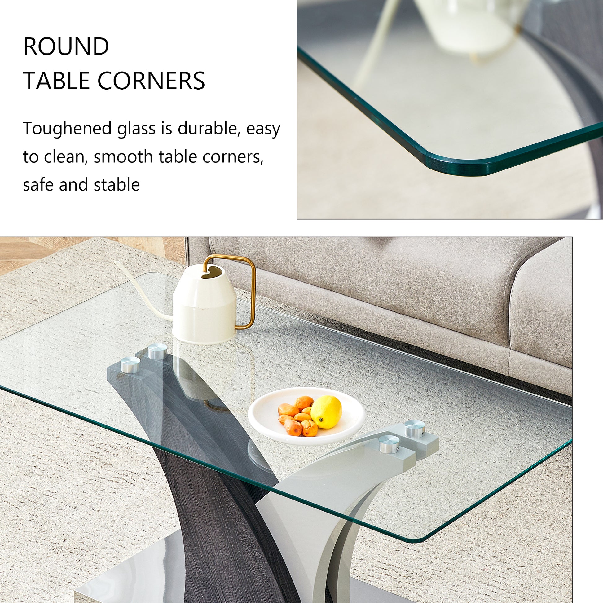 Rectangular Coffee Table.Tempered Glass Countertop, And Artistic Mdf Legs,Perfect For Hosting Dinners, Conferences, Home, And Office Decorations.White And Gray,Dining Table,Tea Table.Coffee Table.