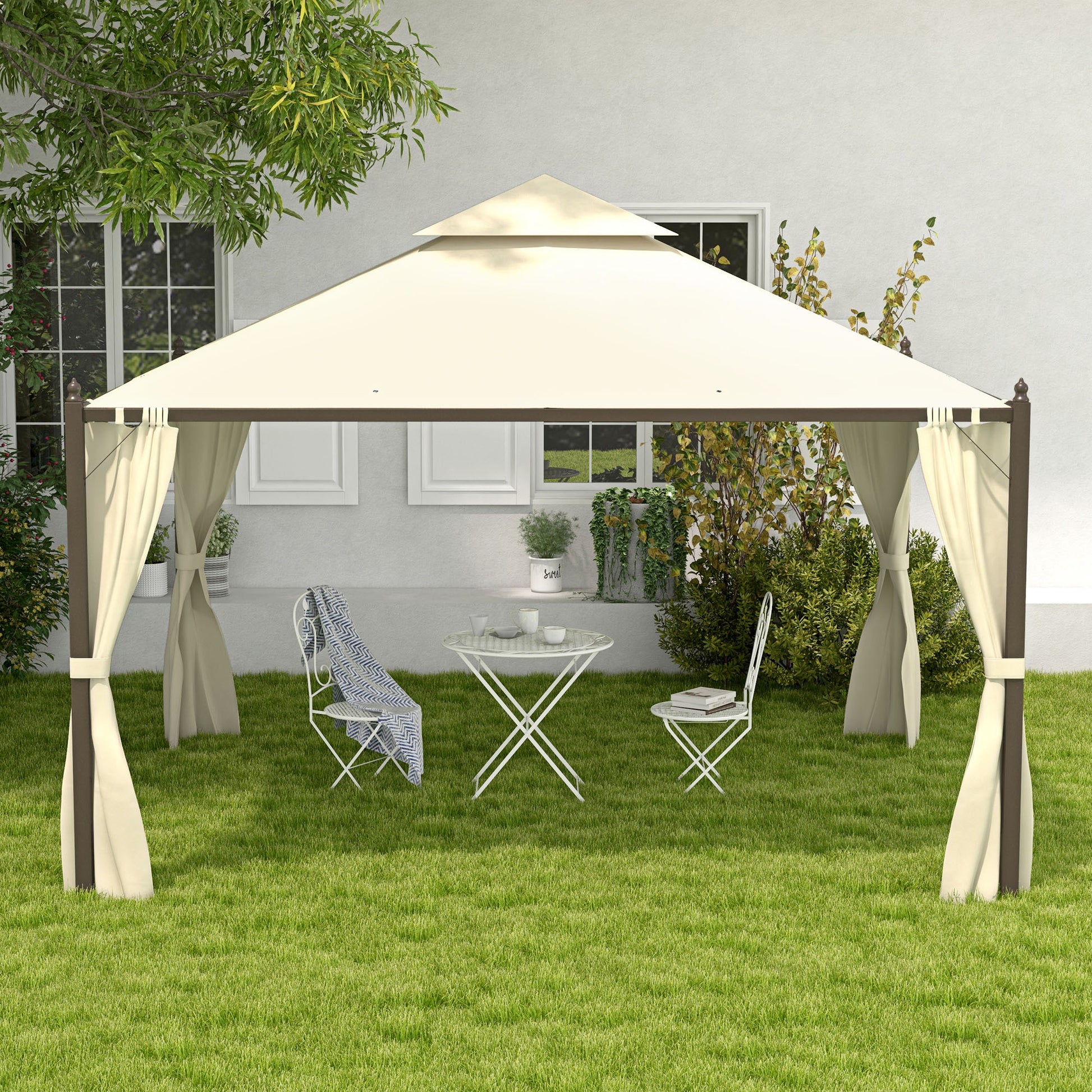 Outsunny 10' X 12' Steel Outdoor Patio Gazebo With Polyester Privacy Curtains, Two Tier Roof For Air, Large Design Beige Steel