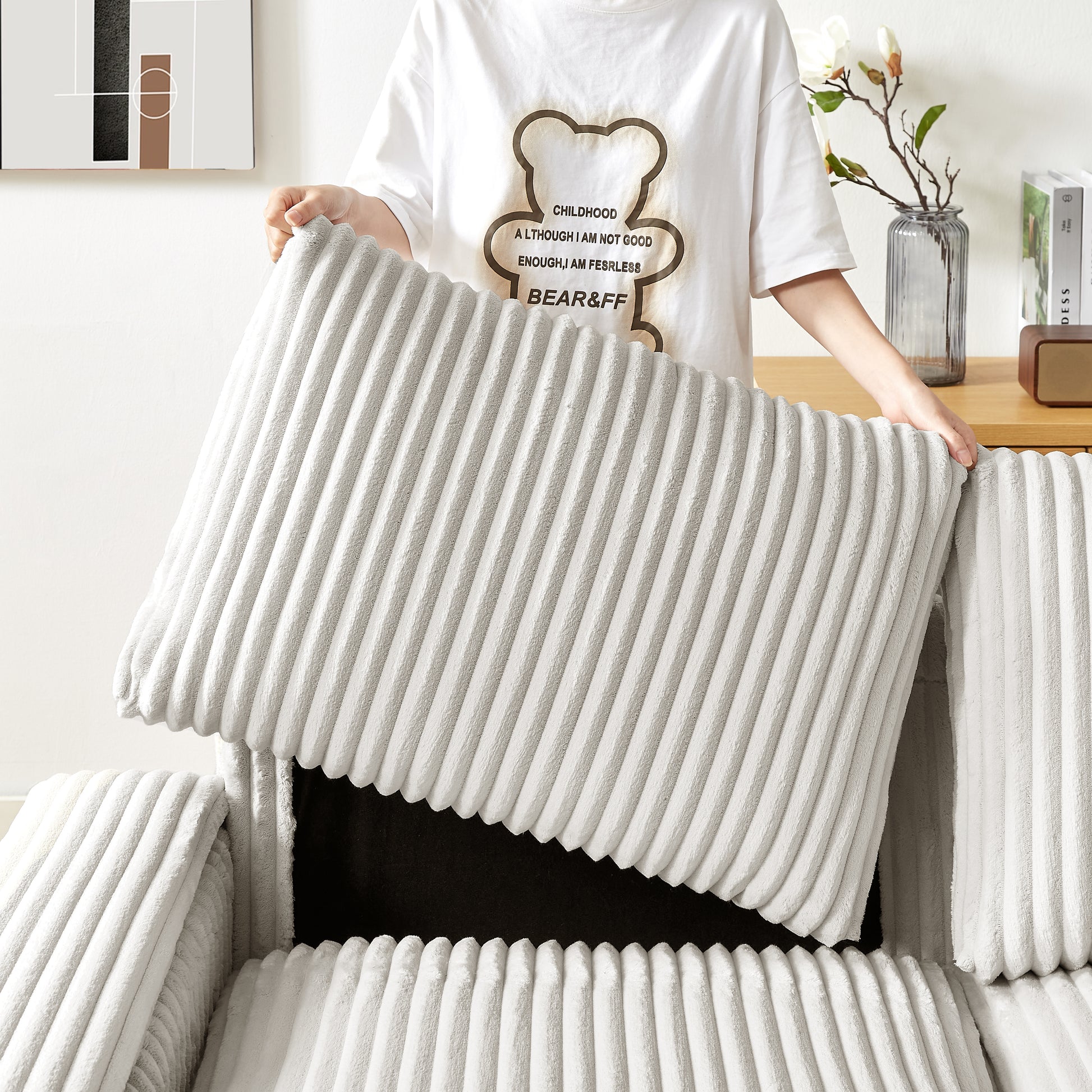 71" Loveseat Small Sofa Plush Corduroy Fabric Square Storage Armrest Usb Port Only Sofa, Do Not Include Ottoman Beige Fabric