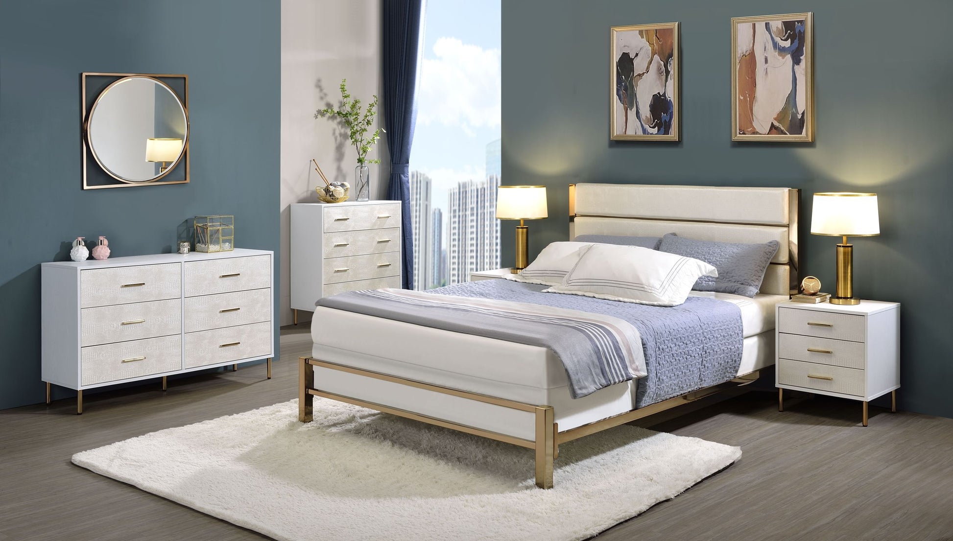White And Champagne 6 Drawer Dresser White Gold Bedroom Wood Metal