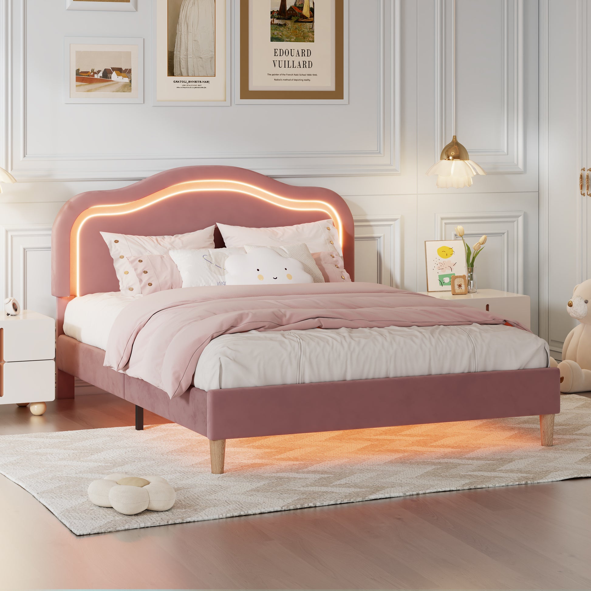 Queen Size Velvet Upholstered Smart Led Bed Frame With Adjustable Height Headboard,No Box Spring Needed,Easy Assembly,Pink Box Spring Not Required Queen Pink Wood Bedroom Cute,Modern Bed Frame Wood