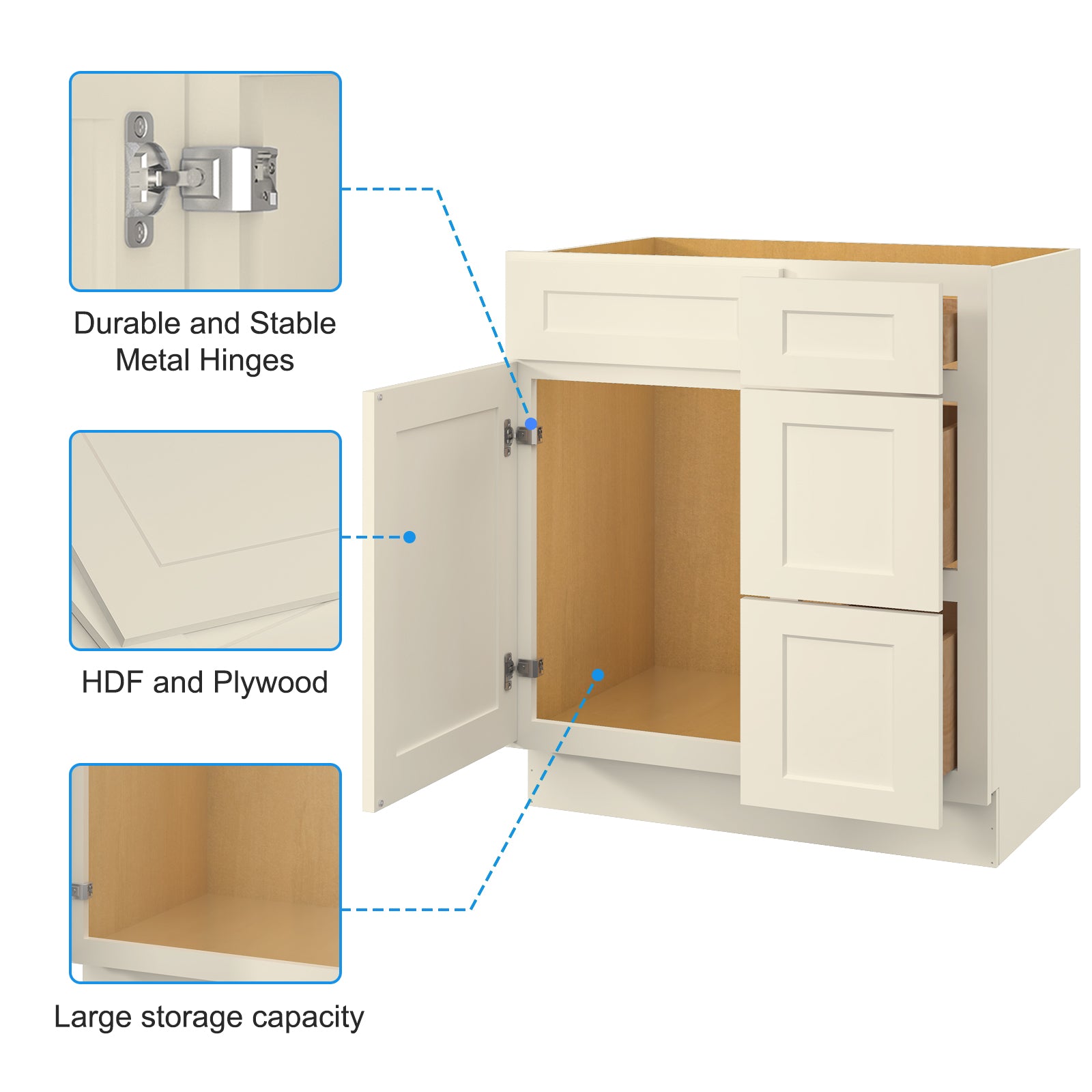 30 In. W X 21 In. D X 34.5 In. H In Antique White Plywood Ready To Assemble Floor Vanity Sink Base Kitchen Cabinet With Right Door Antique White Plywood