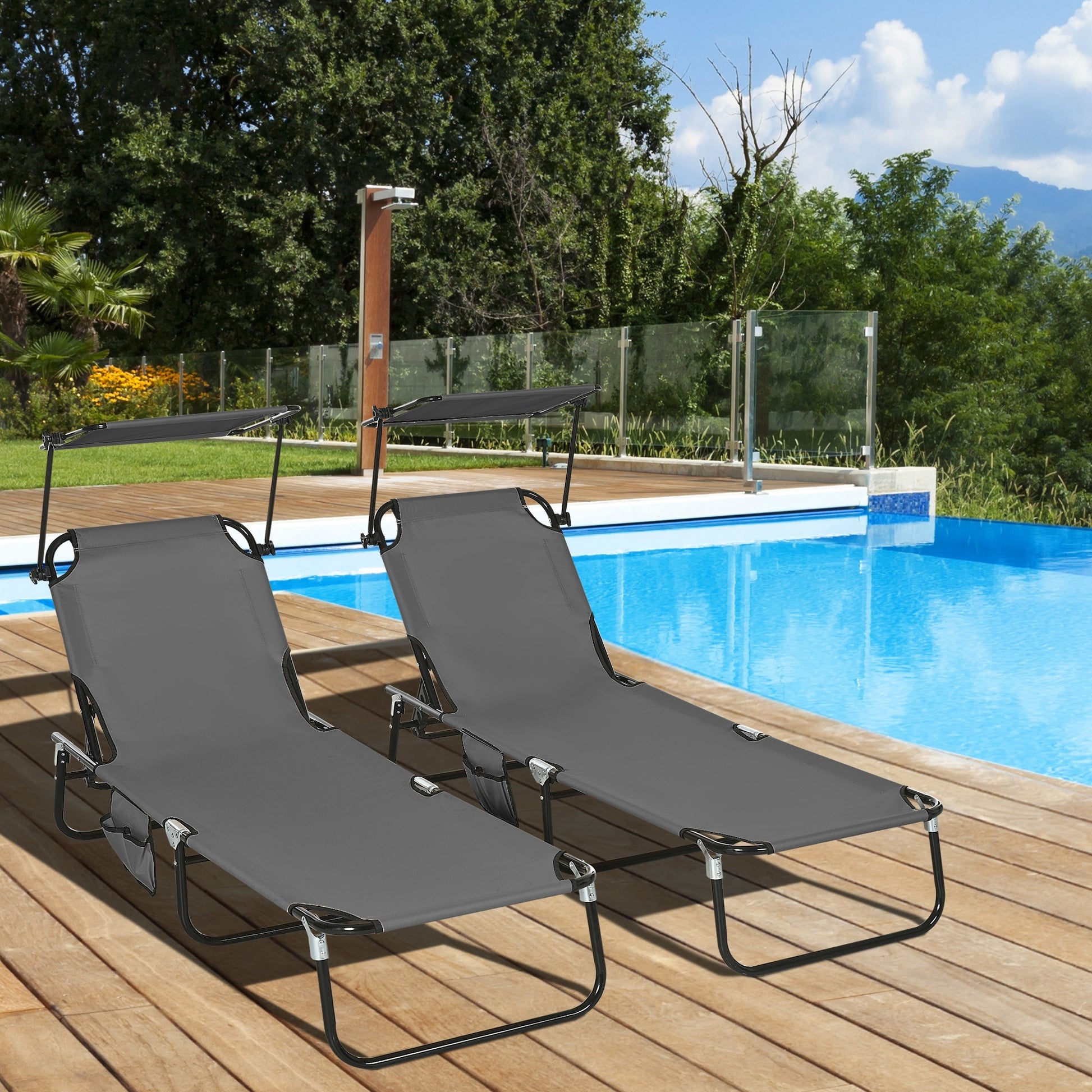 Outsunny Folding Chaise Lounge Pool Chairs, Outdoor Sun Tanning Chairs With Canopy Shade, Reclining Back, Steel Frame And Side Pocket For Beach, Yard, Patio, Dark Gray Dark Grey Steel
