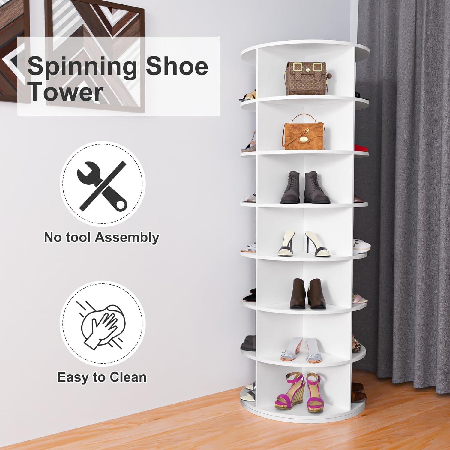 7 Tier Rotating Shoe Rack Tower, Spinning Shoe Display, 360 Shoe Rack Storage Round Carousel, Vertical Handbag Rotate Shoes Closet Organization, Christmas Gift White White Pvc