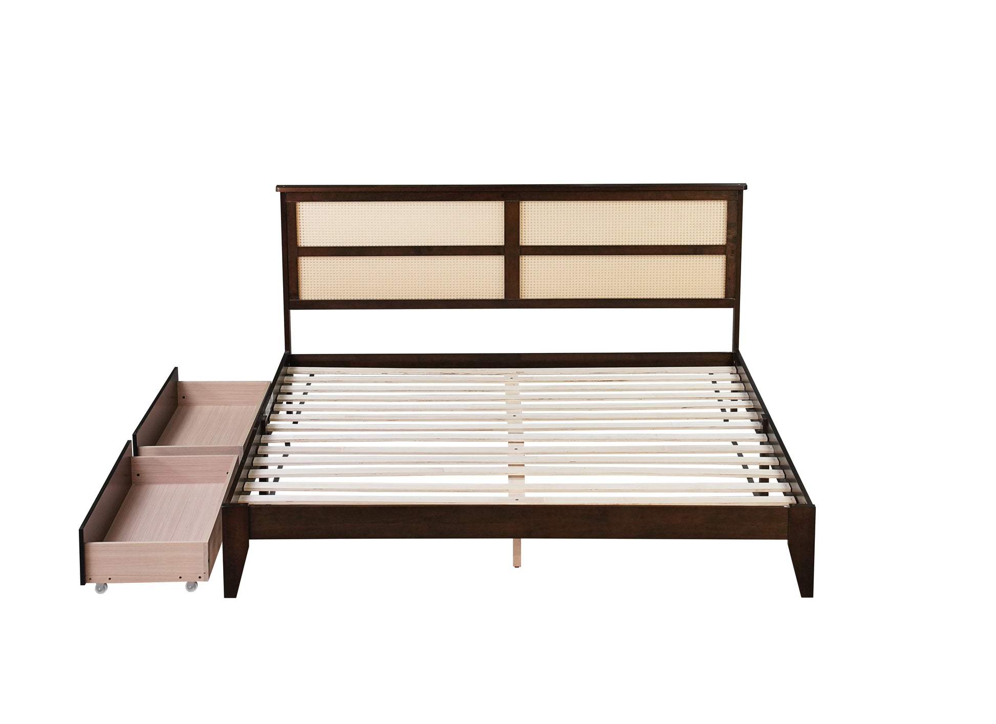 King Size Bed With Rattan Headboard, Two Storage Drawers, Rubber Wood Bed With Enhanced Support Salts And Feet,Espresso King Espresso Rubber Wood