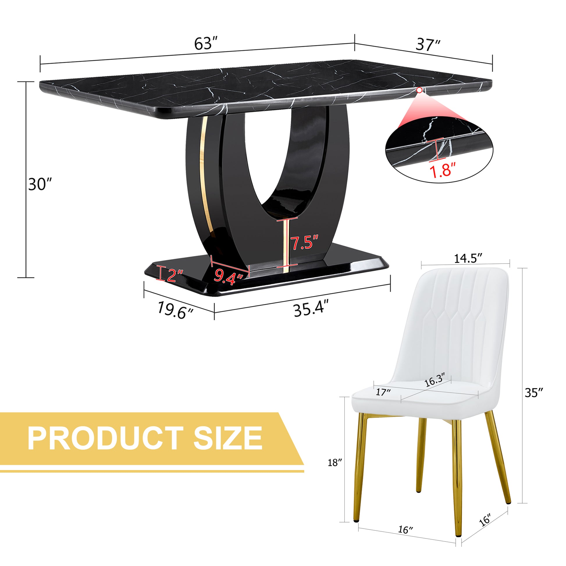 Table And Chair Set.63"W X 37"D X 30"H Black Marble Mdf Diningtable Set With 4 White Pu Chairs With Gold Metal Legs.Bring A Comfortable Home Experience To The Kitchen, Bedroom, And Office. White