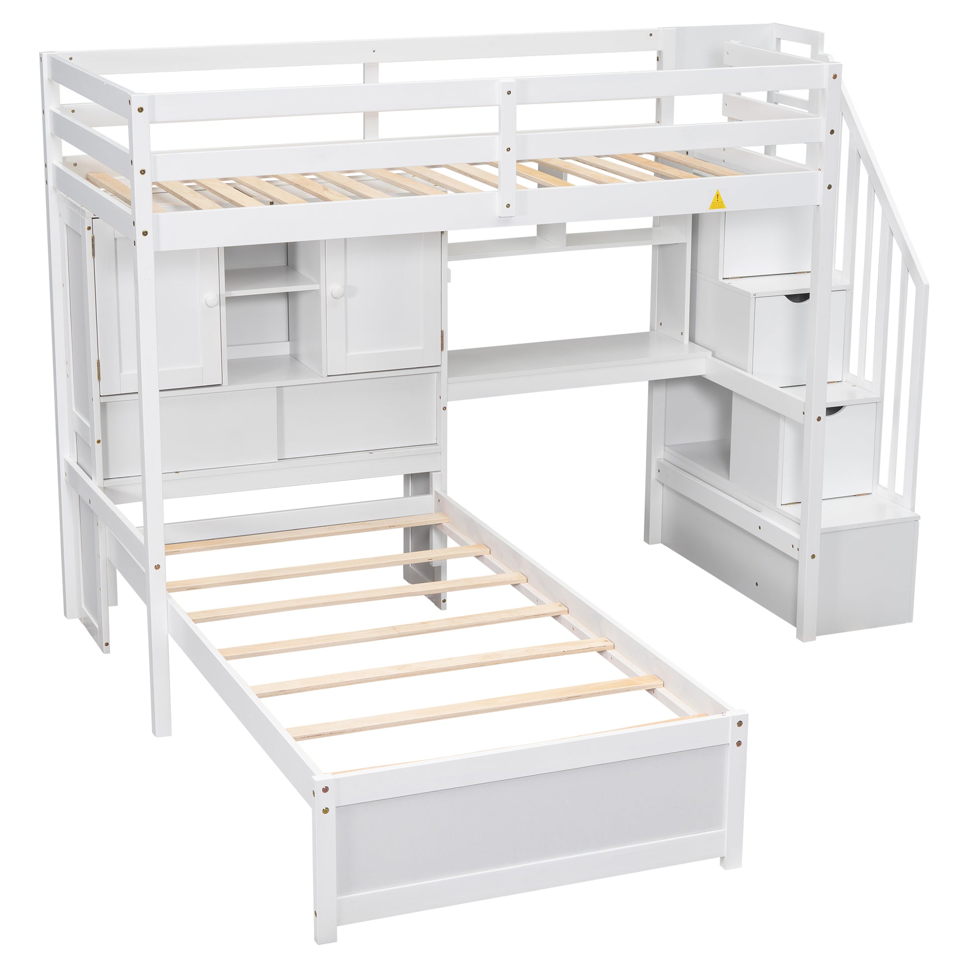 Twin Over Twin Loft Bed With Built In Desk And Staircase, With Storage Compartments And Shelves, White Twin Box Spring Not Required White Wood Pine