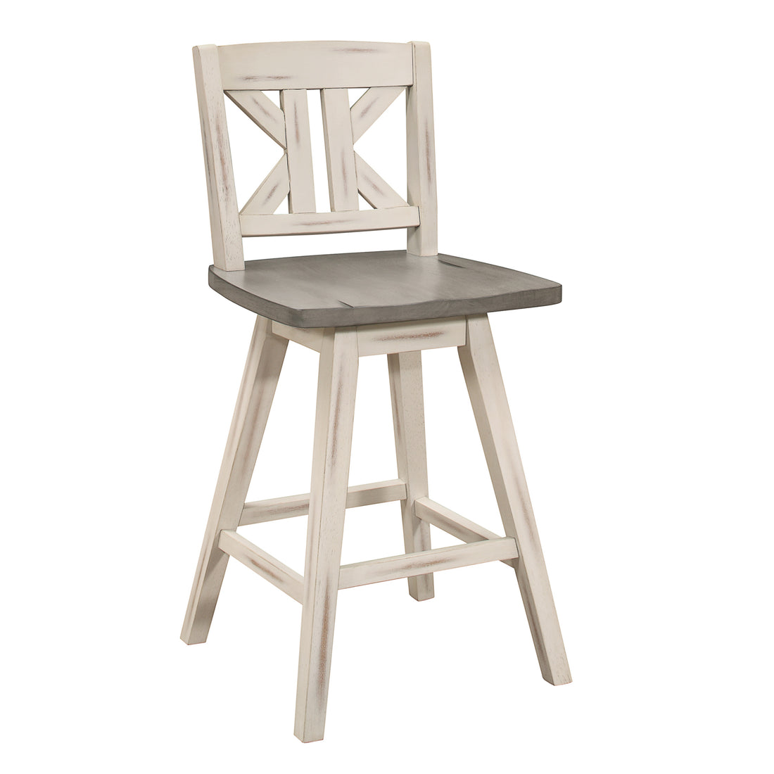 Pub Height Chairs Set Of 2, Distressed Gray And White 360 Degree Swivel Chair Solid Rubberwood Furniture, Divided X Back Bar Chairs White Gray Dining Room Rustic Solid Wood