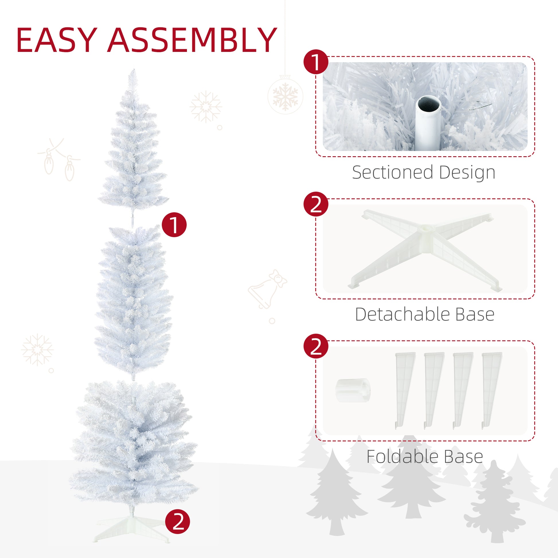 Homcom 7' Snow Flocked Artificial Pencil Christmas Tree, Slim Xmas Tree With Realistic Branches And Plastic Base Stand For Indoor Decoration, White White Plastic