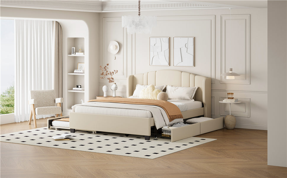 Upholstered Platform Bed With Wingback Headboard, One Twin Trundle And 2 Drawers, No Box Spring Needed, Linen Fabric, Queen Size, Beige Beige Linen