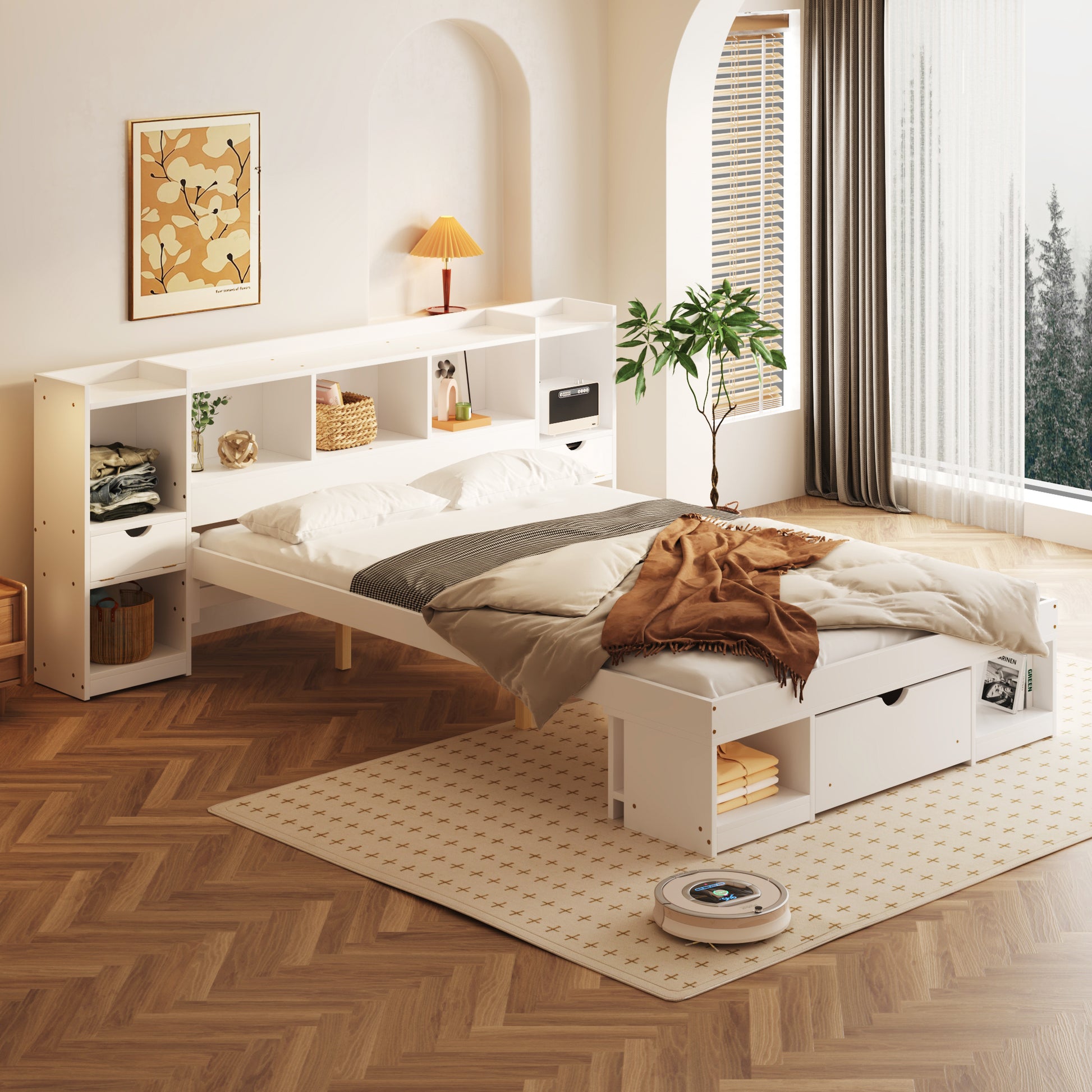 Queen Size Wood Platform Bed With Multi Storage Headboard And A Drawer, White Box Spring Not Required Queen White Wood Bedroom Bed Frame Solid Wood Mdf