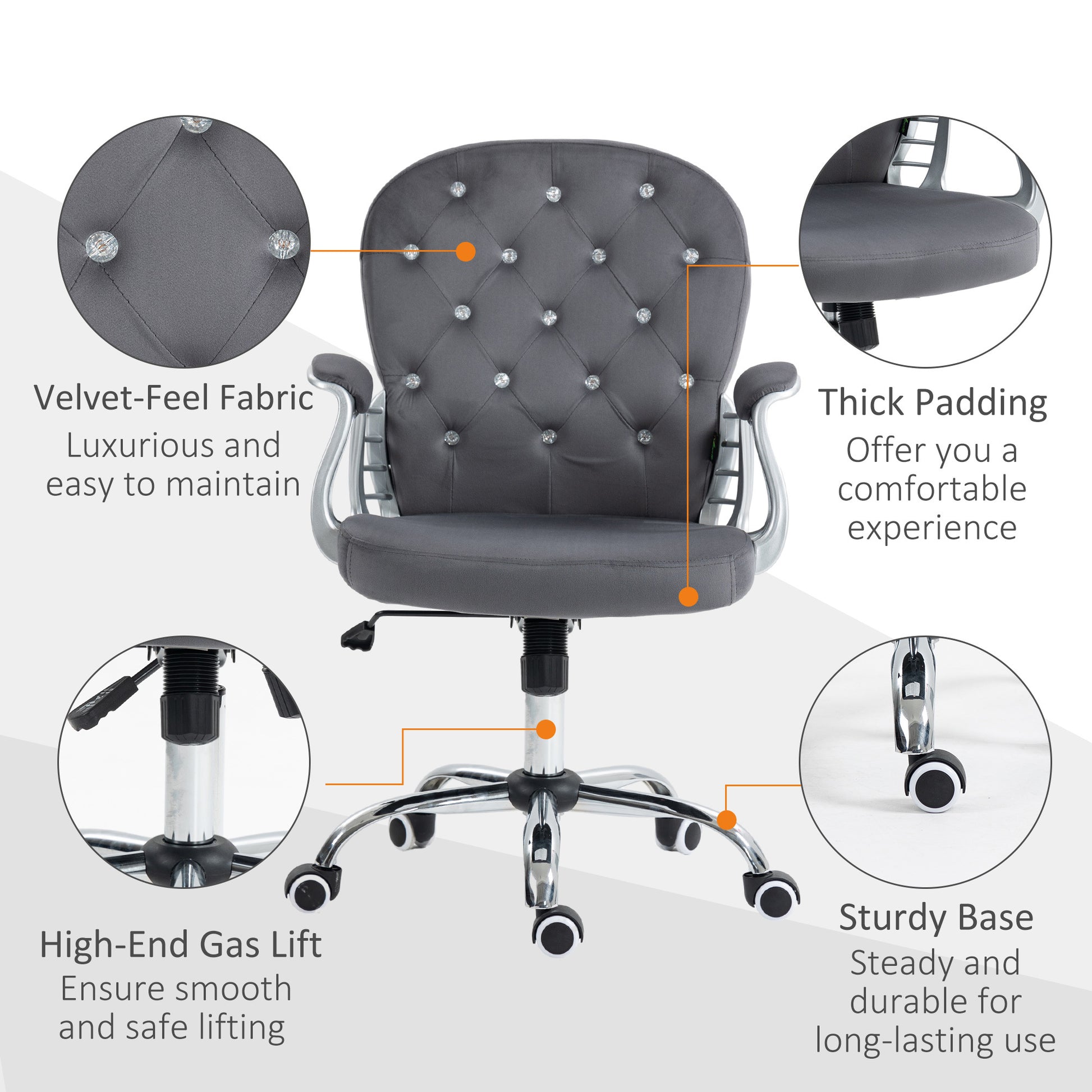 Vinsetto Velvet Home Office Chair, Button Tufted Desk Chair With Padded Armrests, Adjustable Height And Swivel Wheels, Dark Gray Dark Grey Polyester