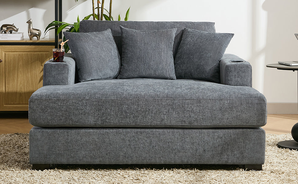 55" Oversized Chaise Lounger Modern Style Sofa Couch ,With Pillows, Charge Station & Cup Holders, Chenille Fabric, Blue Gray Blue Gray Chenille