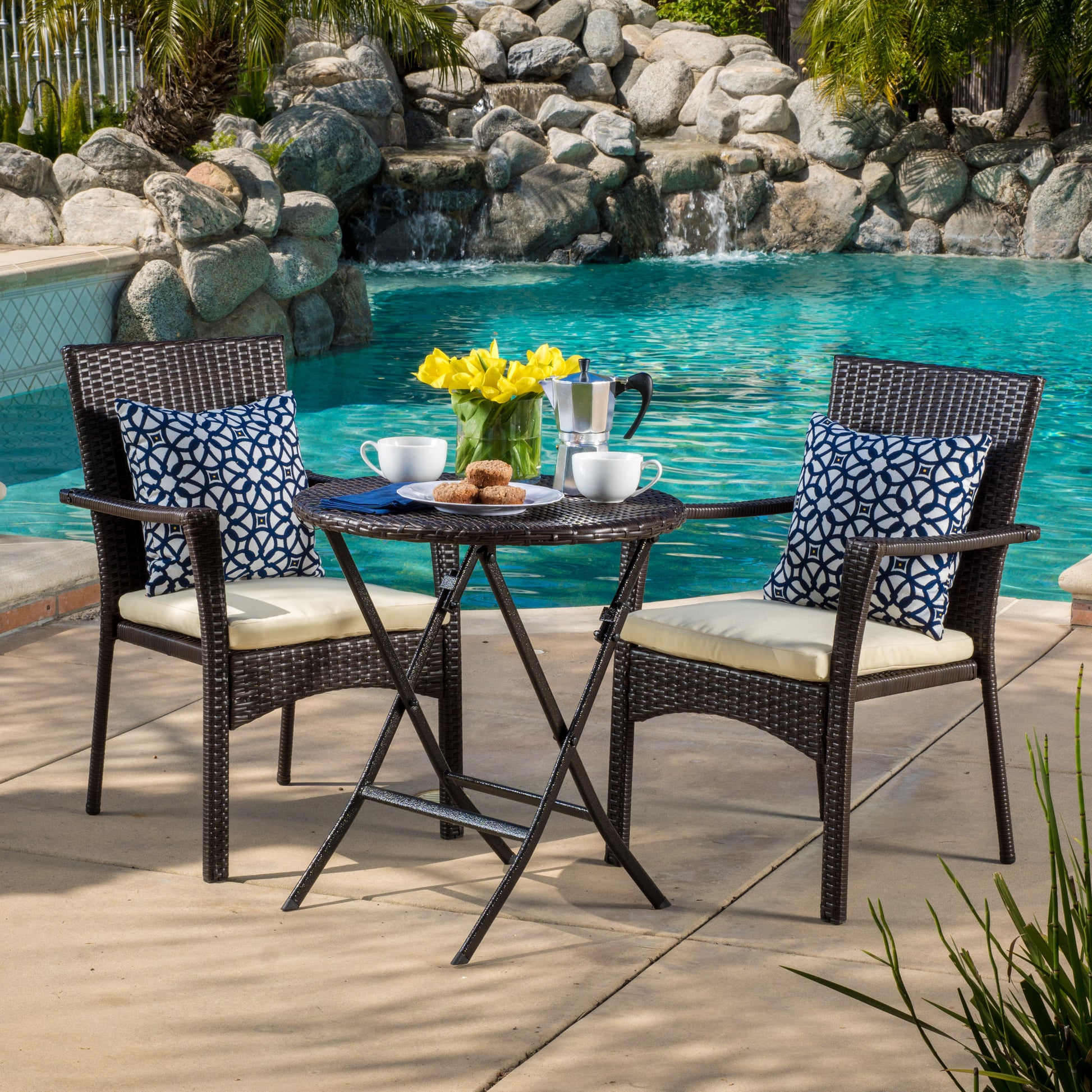 Elba Bistro Set Brown Multi Pe Rattan Iron Waterproof Fabric