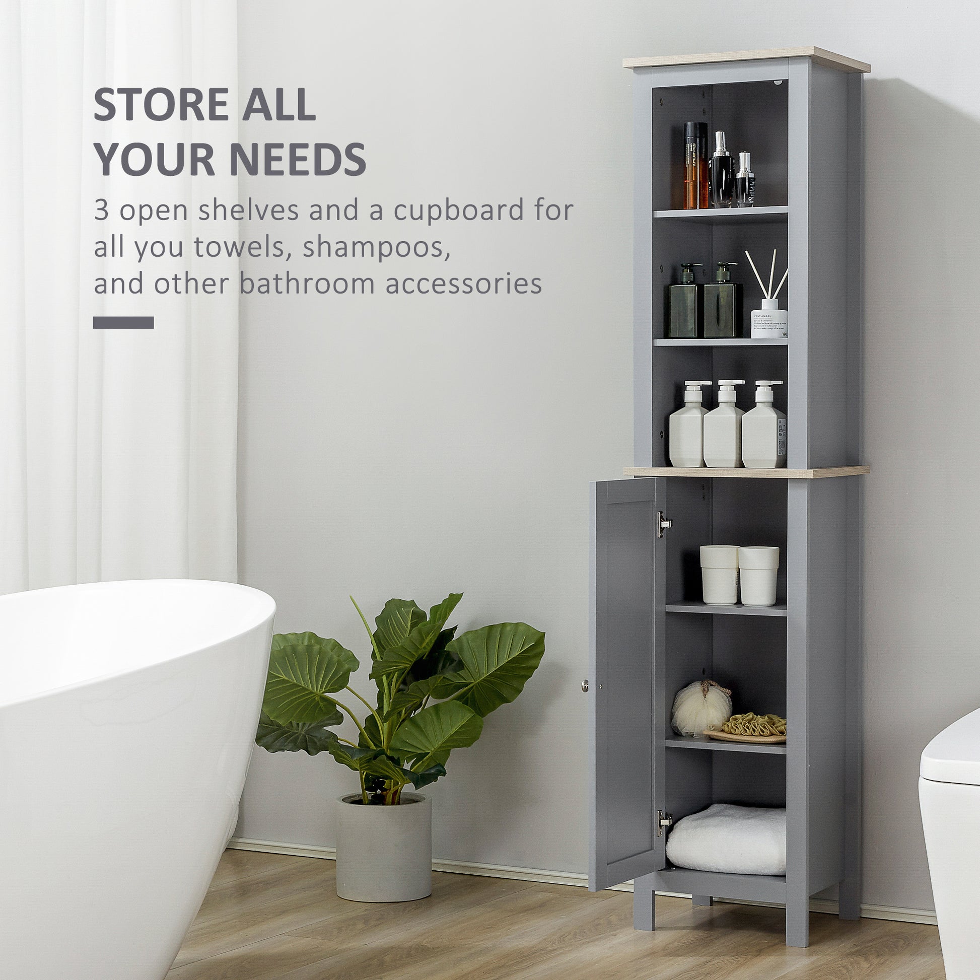 Kleankin Tall Bathroom Storage Cabinet With 3 Tier Shelf, Door, Free Standing Linen Tower, Slim Side Organizer, Grey Grey Mdf