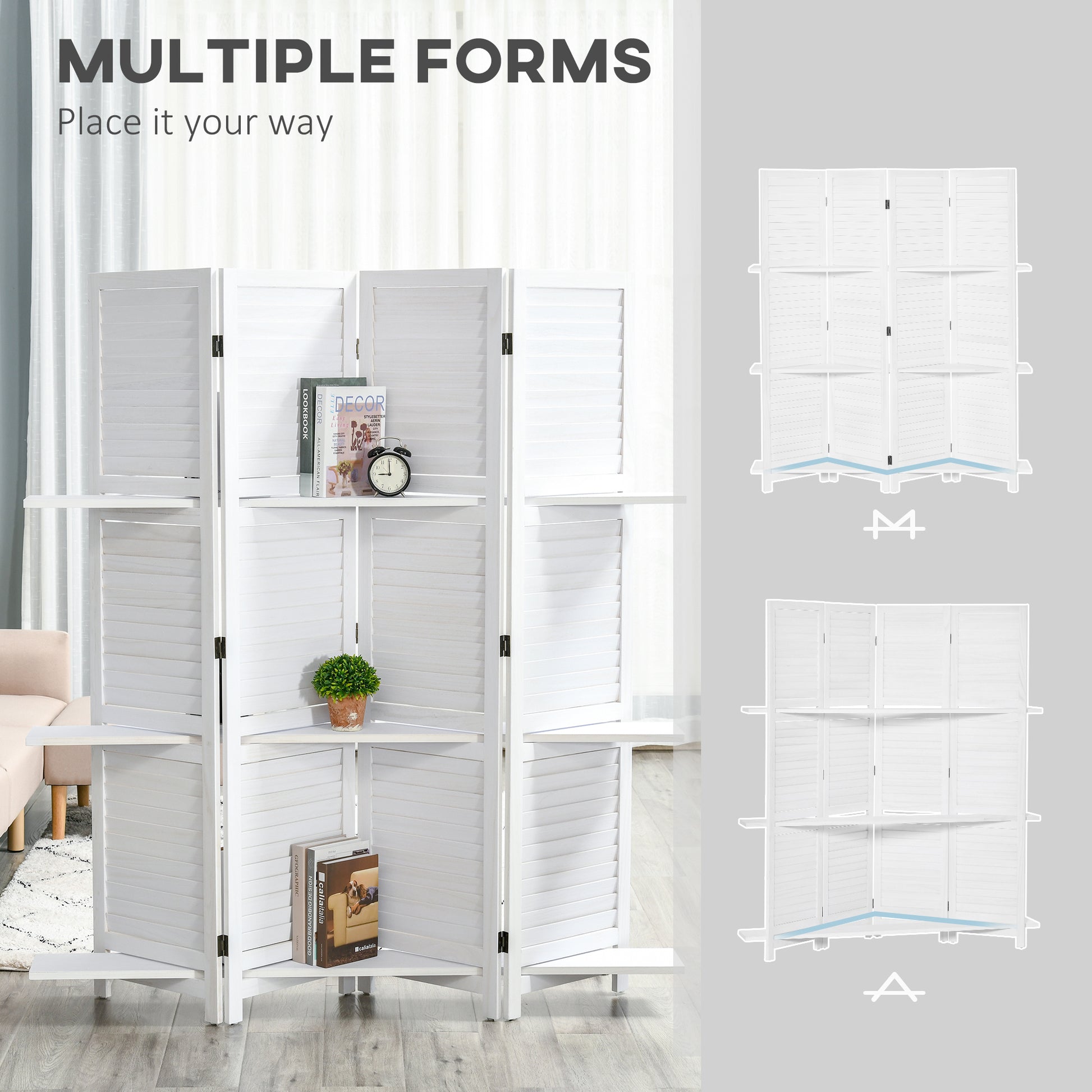 Homcom 4 Panel 67" Tall Wood Privacy Screen Room Divider With 3 Display Shelves, And Folding Storage For Bedroom Or Home Office, White White Wood