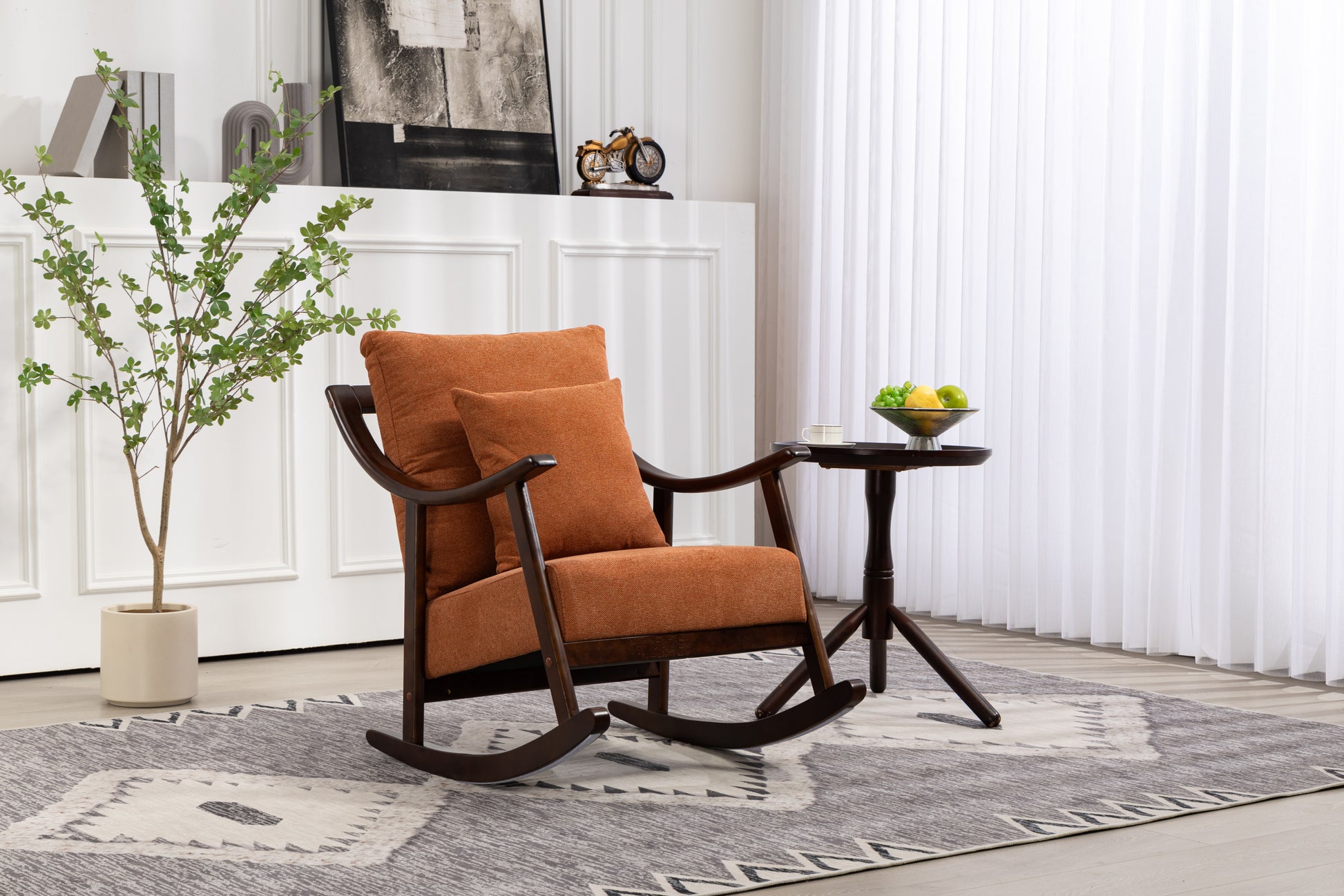 Woven Fabric Mid Century Modern Accent Chairs Comfy Upholstered Glider Arm Chair With Solid Wood For Living Room Bedroom Balcony Light Brown Linen