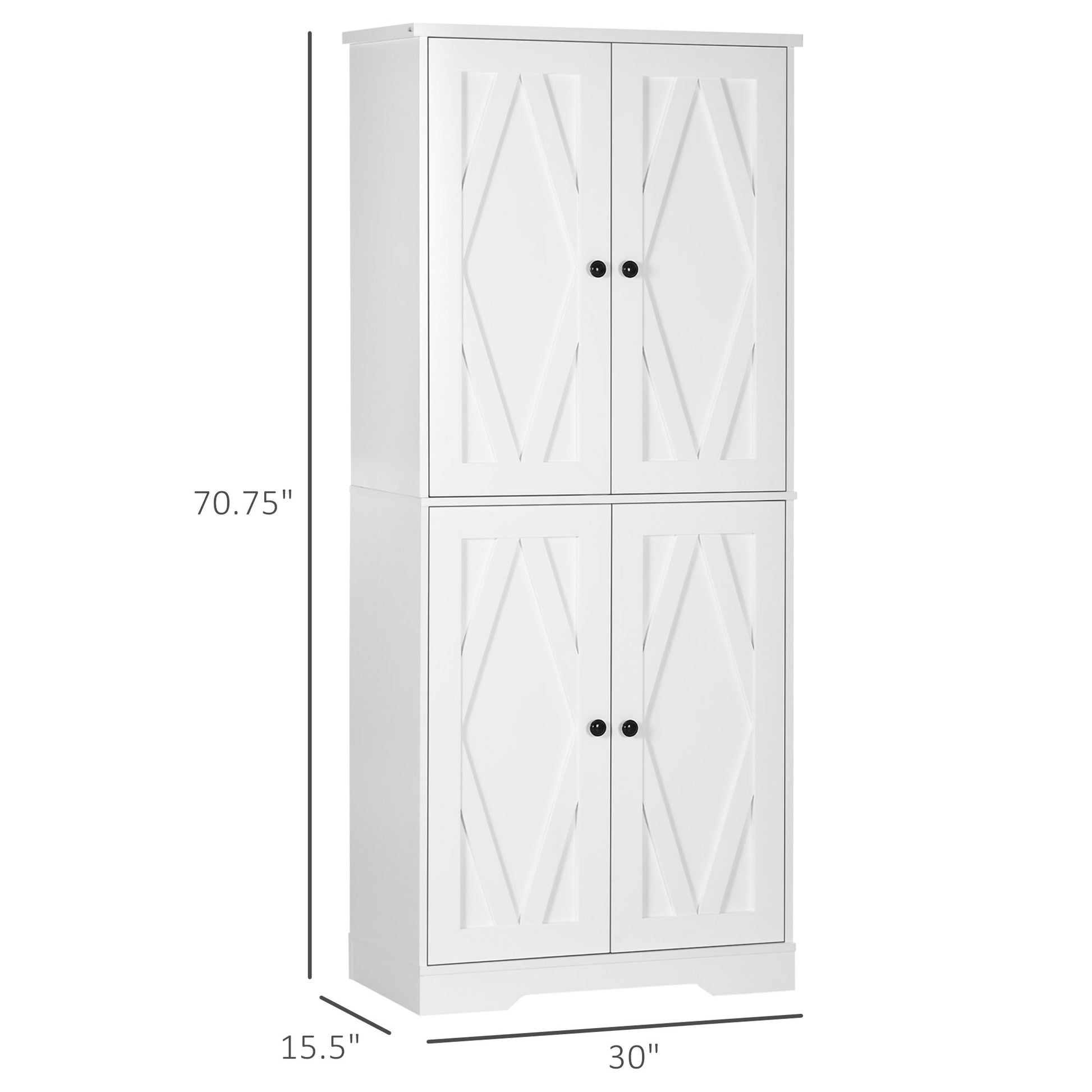 Homcom 70.75" Farmhouse Kitchen Pantry Cabinet, Freestanding Tall Storage Cabinet With 4 Barn Doors And Adjustable Shelves For Dining Room, White White Mdf