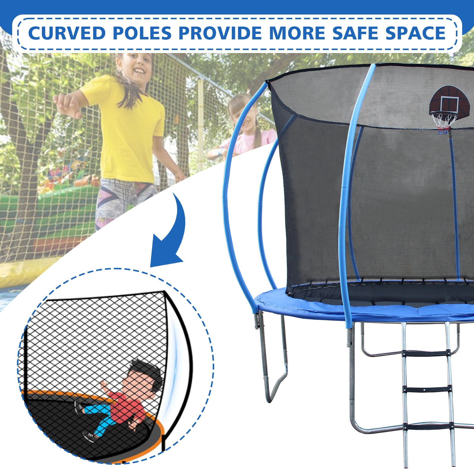 12Ft Trampoline With Enclosure Recreational Trampolines With Ladder And Anti Rust Coating, Pumpkin Shaped Trampoline With Slide And Basket Board, Astm Approval Outdoor Trampoline For Kids Black Blue