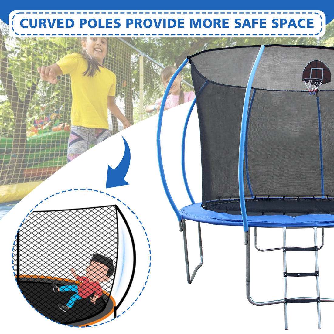 10Ft Trampoline With Enclosure Recreational Trampolines With Ladder And Anti Rust Coating, Pumpkin Shaped Trampoline With Slide And Basket Board, Astm Approval Outdoor Trampoline For Kids Black Blue