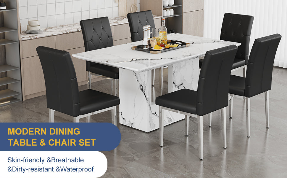 Table And Chair Set.63"X35.4" White Marble Patterned Mdf Dining Table Set With 6 Armless Black Pu Chairs.Showcasing A Modern And Stylish Look. Black,White Seats 6 Mdf Metal