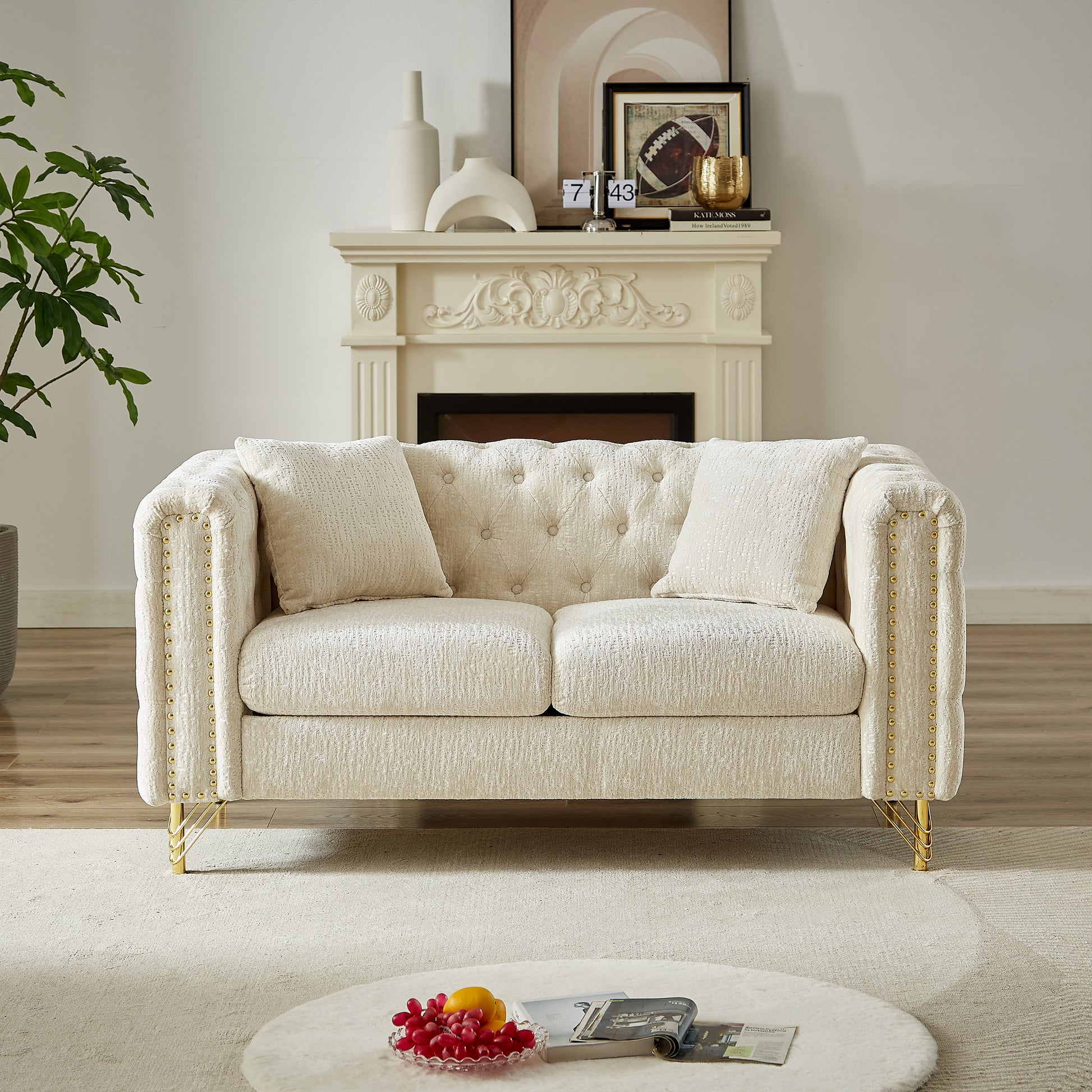 60 Inch Chenille Pull Buckle Design Sofa For Living Room,Buttons Tufted With Copper Nail Decoration Armrest, Modern Couch Upholstered Button And Metal Legs Beige Foam Chenille 2 Seat