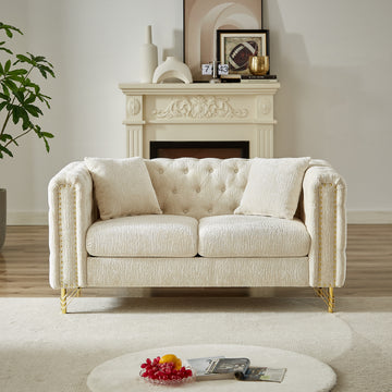60 Inch Chenille Pull Buckle Design Sofa For Living Room,Buttons Tufted With Copper Nail Decoration Armrest, Modern Couch Upholstered Button And Metal Legs Beige Foam Chenille 2 Seat