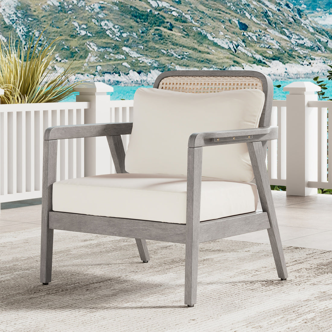 Outdoor Acacia Wood Patio Club Chair, Patio Furniture,Waterproof Thick Cushion Deep Seating For Porch, Garden, Backyard, Balcony, Weight Capacity 400Lbs, Light Gray Finish, Cream Cushion Yes Deep Seating Light Gray Garden & Outdoor Foam Acacia Wood