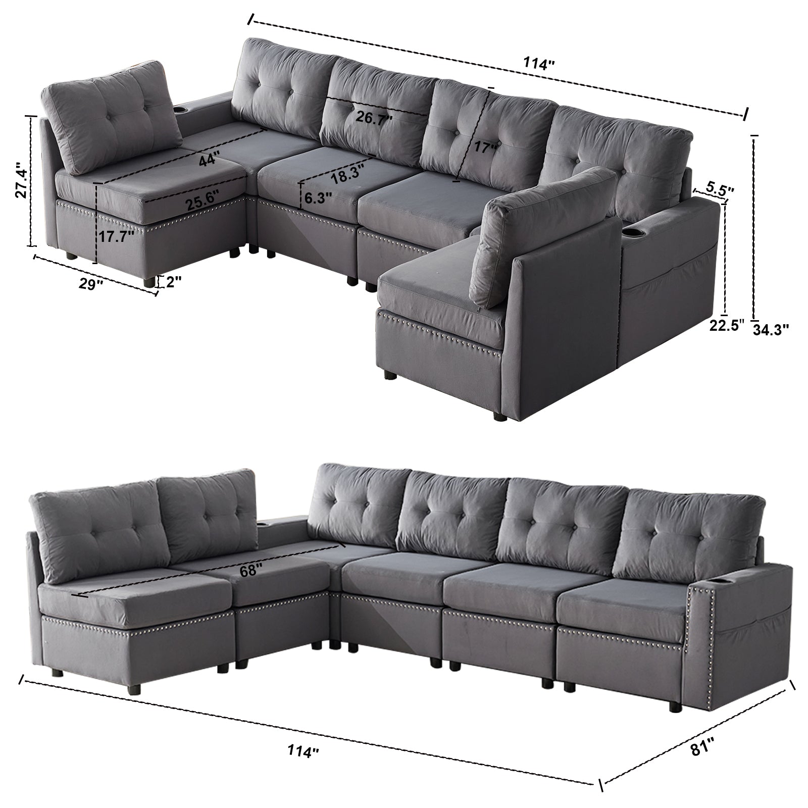 Velvet Modular Combination Sofa With Storage, Living Room Combination Sleeper Sofa Gray Gray Wood Primary Living Space Cushion Back Extra Heavy Duty Modern Foam Velvet 6 Seat