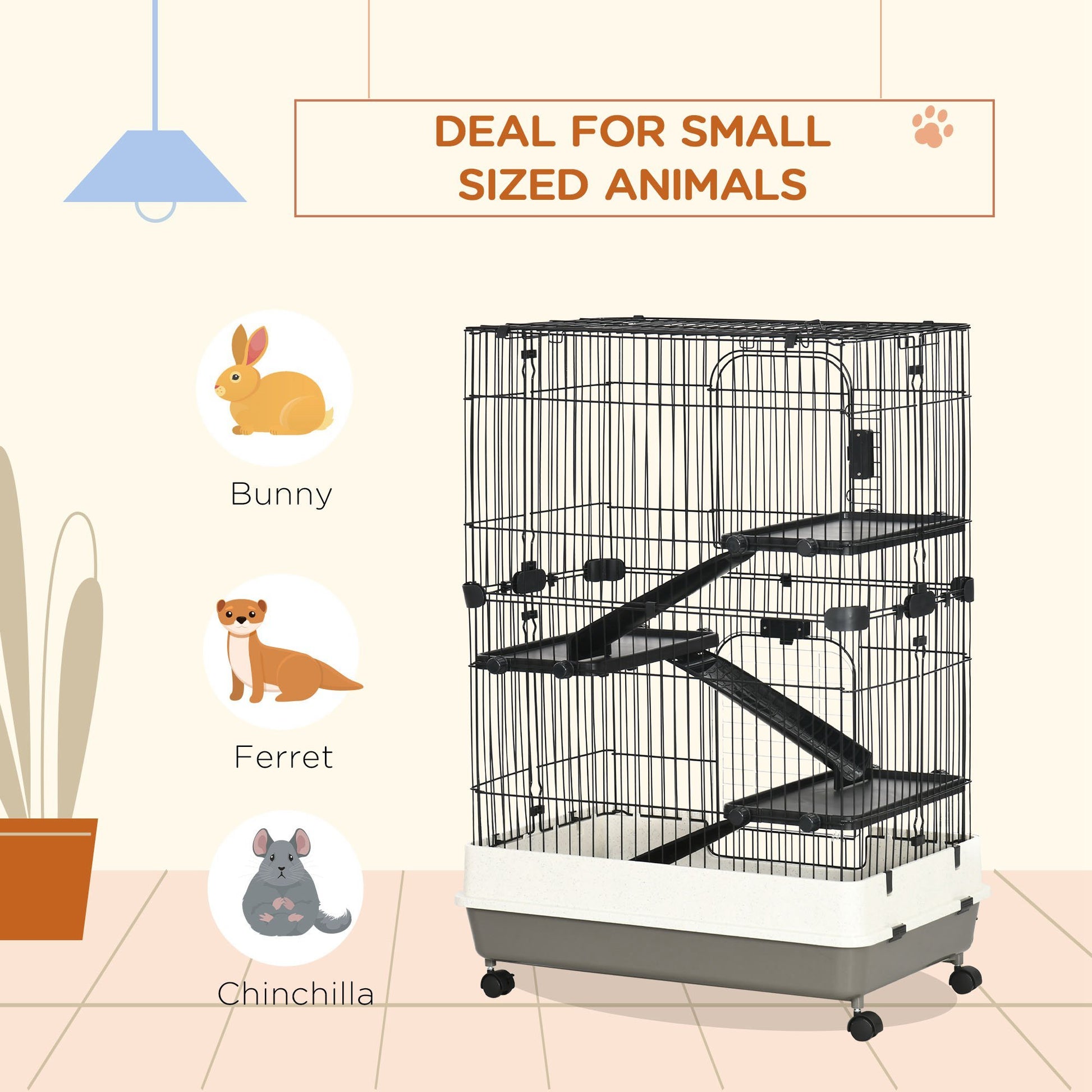 Pawhut 4 Level Small Animal Cage Rabbit Hutch With Wheels, Removable Tray, Platform And Ramp For Bunny, Chinchillas, Ferret, Black Black Metal