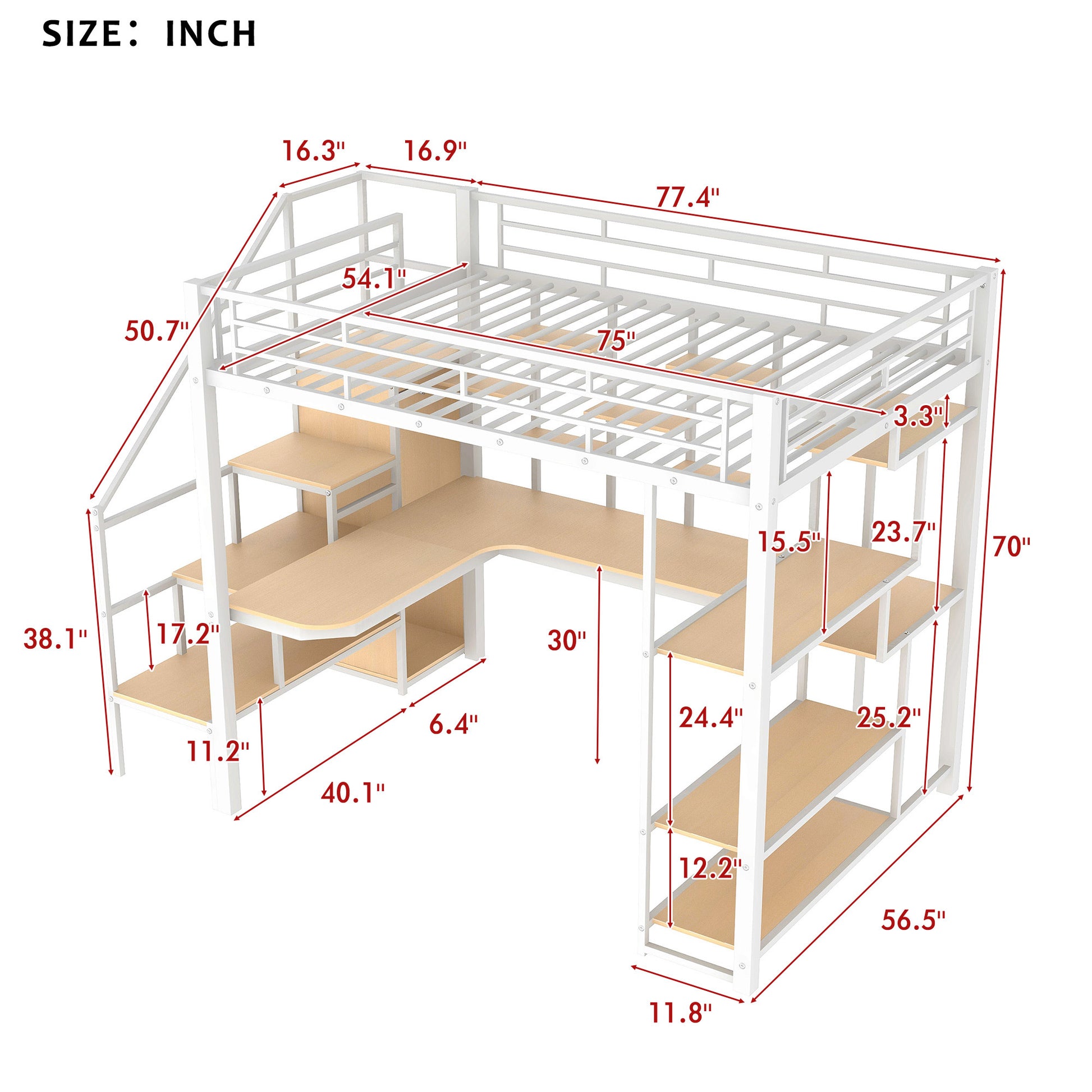 Full Size Metal Loft Bed With Storage Staircase And Small Wardrobe, Built In Desk And Storage Shelves, White Full White Metal