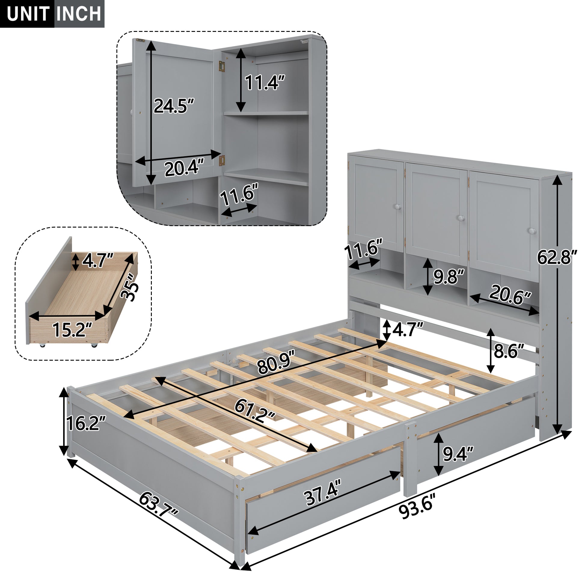 Queen Size Platform Bed With Storage Headboard And 4 Drawers, Gray Box Spring Not Required Queen Gray Wood Bedroom Bed Frame Solid Wood Mdf