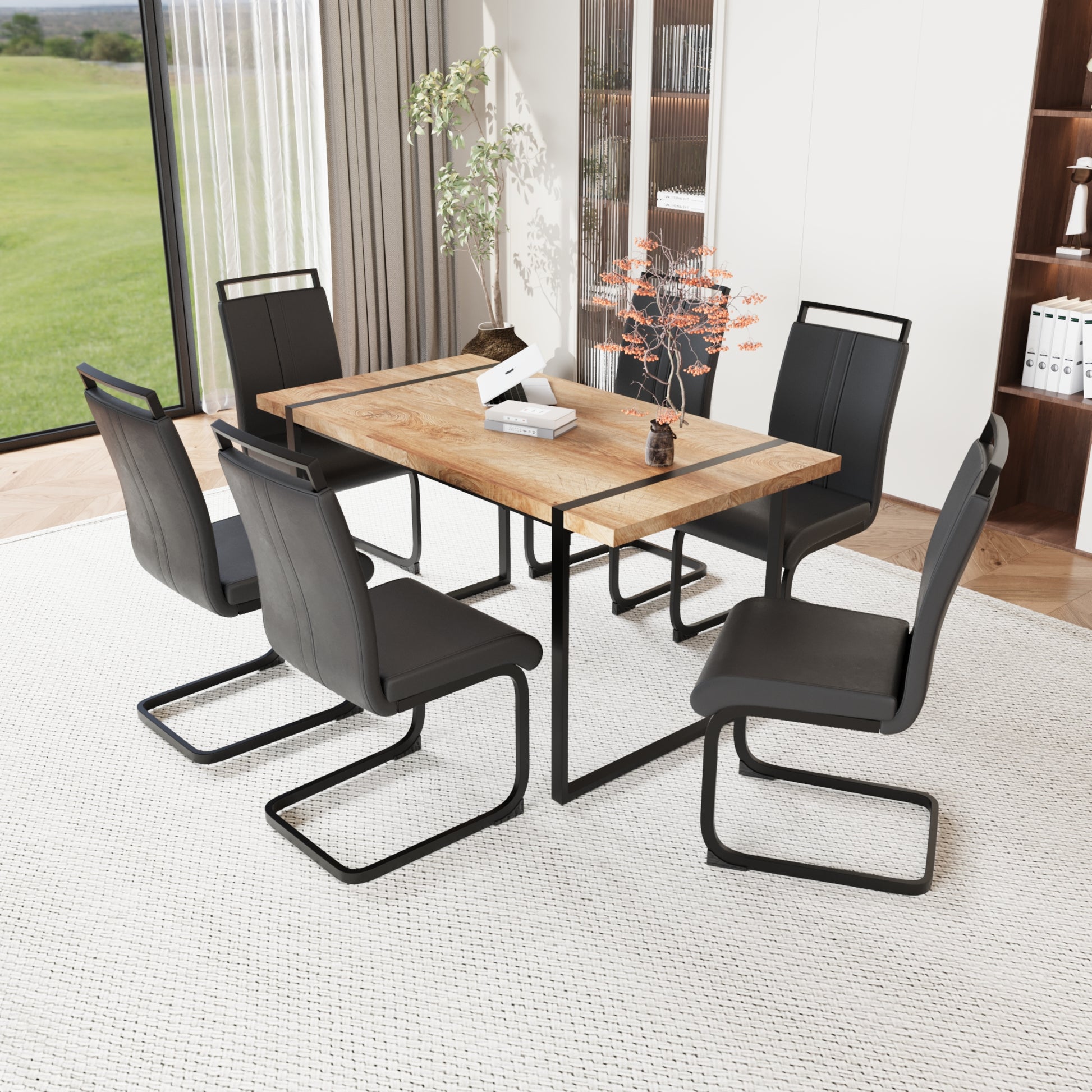 59 "Rural Industrial Rectangular Mdf Wood Color Dining Table Set And Pu Armless Dining Chair Set 6. Kitchen Black Metal Table Leg Dining Chair Set Wood Mdf