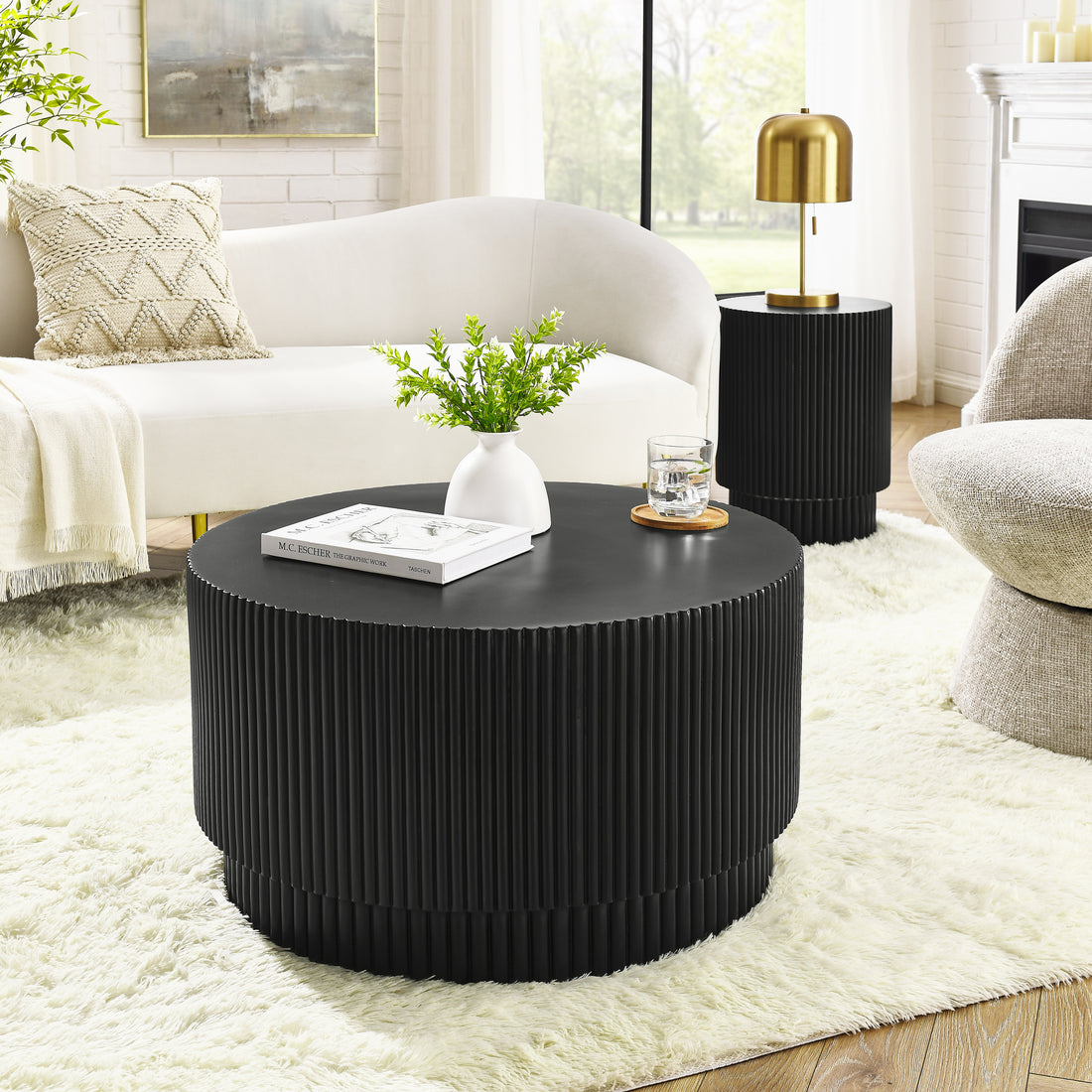 15.72 Inch H Barrel Coffee Table, Nordic Style, Simple Design, Suitable For Indoor And Outdoor Use, Magnesium Oxide Material, Suitable For Living Room, Bedroom Or Garden Sofa Black Magnesium Oxide